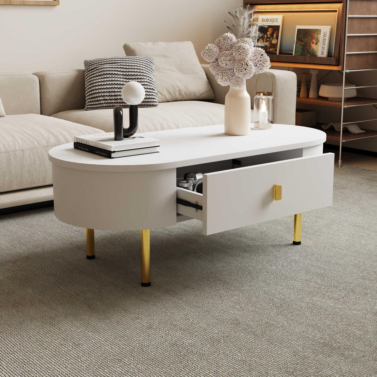 KONFERENČNÍ stolek 108/50/40 cm bílý se zlatými detaily z MDF se 2 zásuvkami - bílá, kompozitní dřevo (108/50/40cm) - OKWISH