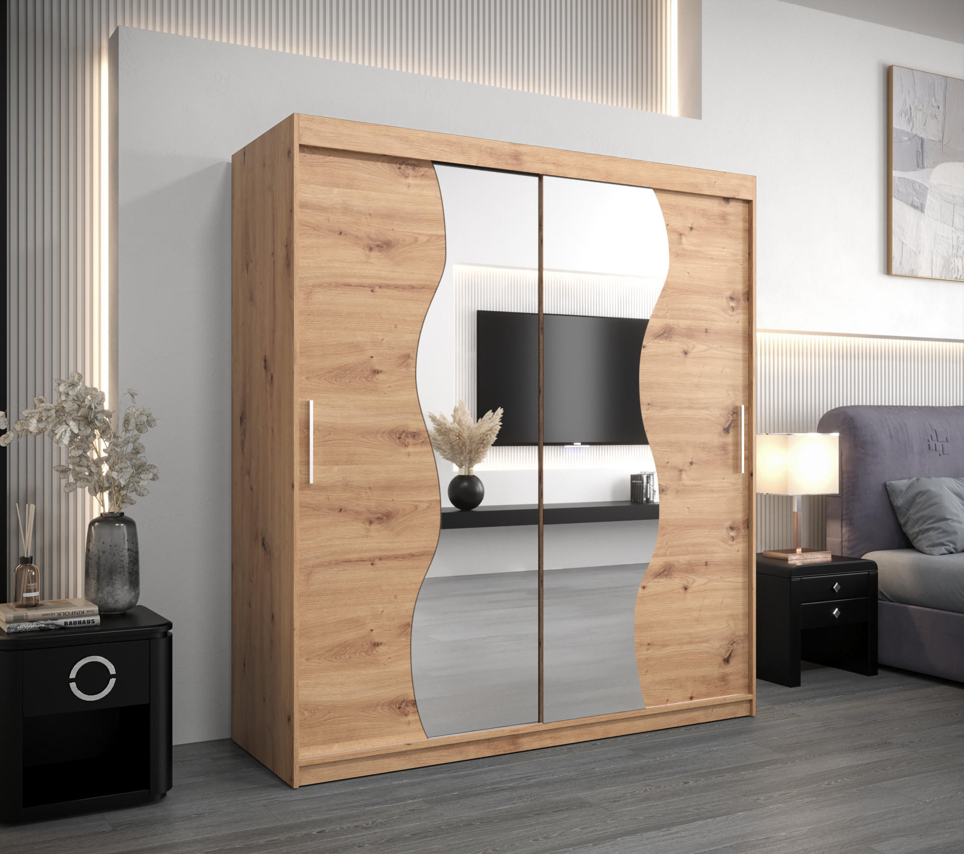 SCHWEBETÜRENSCHRANK 200/180/62 2-türig - Silberfarben/Eiche Artisan, Holz/Kunststoff (180/200/62cm) - Abiks Möbel
