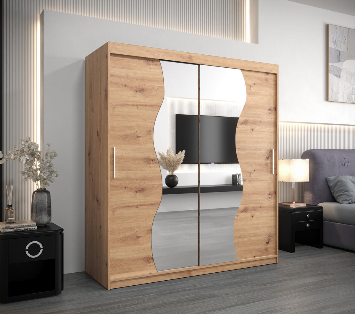 SCHWEBETÜRENSCHRANK 200/180/62 2-türig - Silberfarben/Eiche Artisan, Holz/Kunststoff (180/200/62cm) - Abiks Möbel