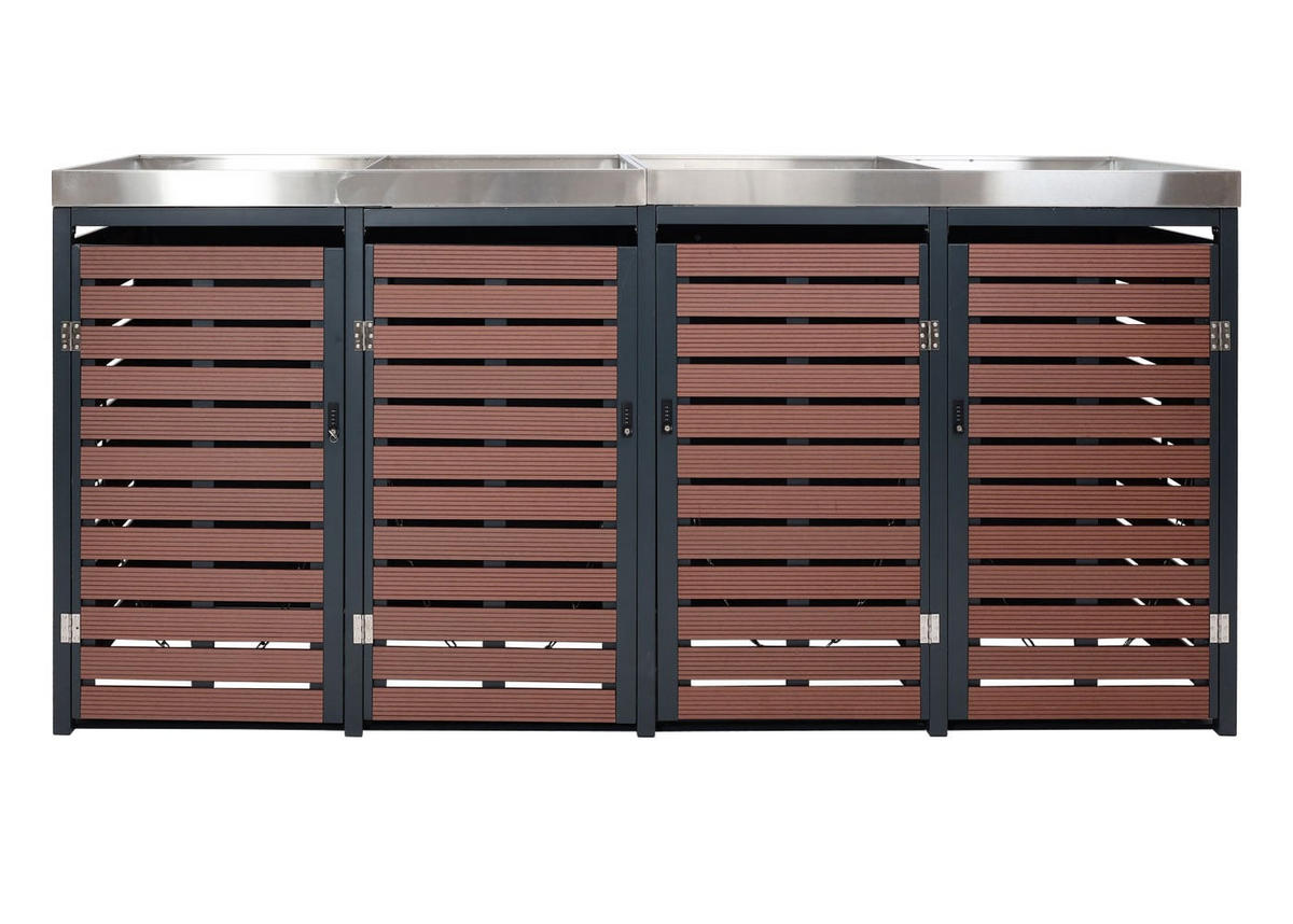 MÜLLTONNENBOX 4er mit Pflanzkasten HxBxT 124x265x84cm Walnuss-Holzoptik - Braun, Metall (265/124/84cm) - PROREGAL