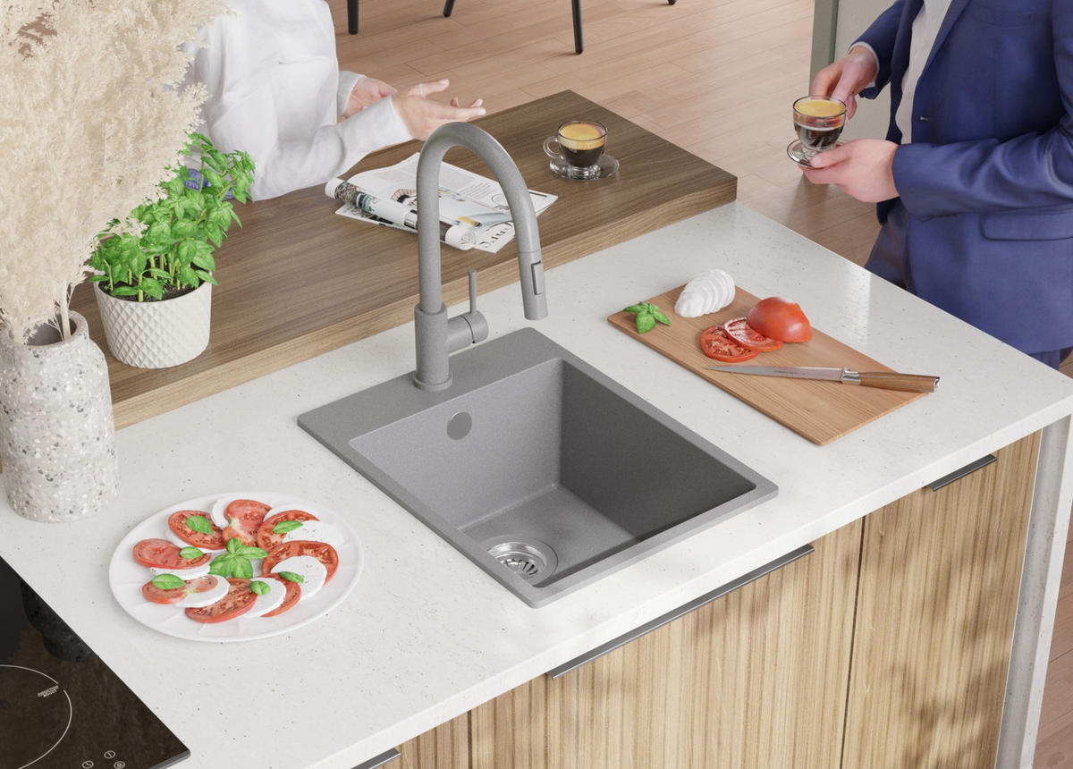SPÜLBECKEN Riga, 2-er set Grau 38/50 cm 1 Becken + Ablauf-Set ab 40er Unterschrank - Chromfarben/Grau, Kunststoff (38/20/50cm) - Primagran