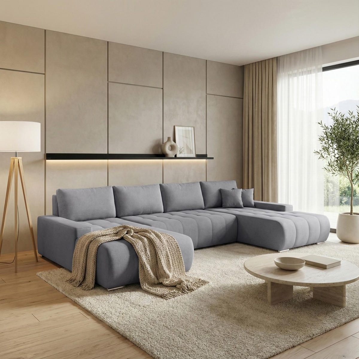 WOHNLANDSCHAFT Draco U Grau - Silberfarben/Hellgrau, Textil/Metall (350/85/185cm) - Beautysofa