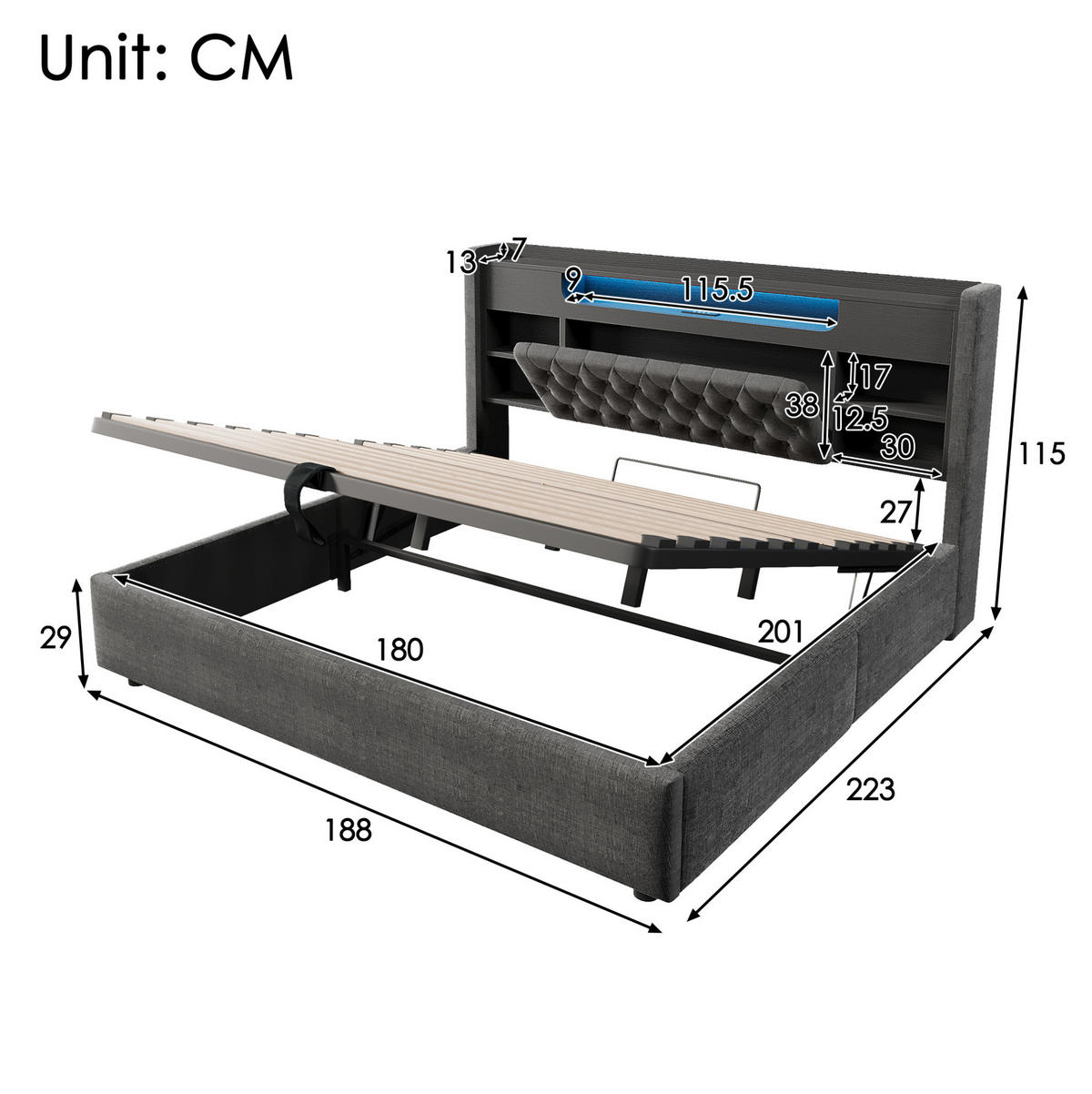 POLSTERBETT 180/200 cm aus Leinen mit Bettkasten LED und USB-C-Ladefunktion Grau - Grau, Textil (180/200cm) - Modenvie