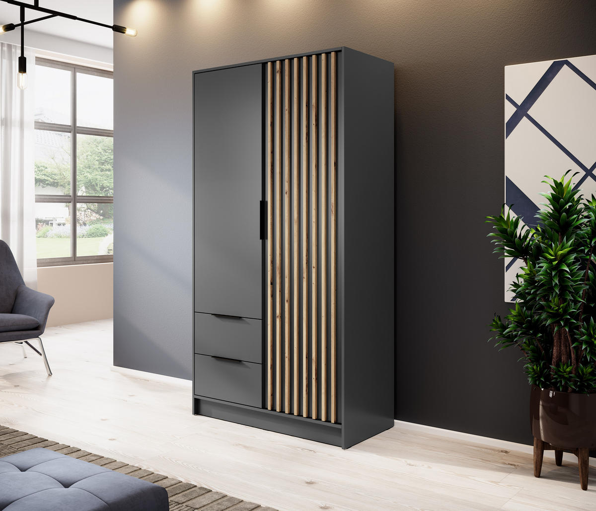 KLEIDERSCHRANK Nelly Graphit, Artisan Eiche Lamellen, Schrank Zweitürige, Garderobe mit Schubladen - Graphitfarben, Holzwerkstoff (105/200/51cm) - Bettso