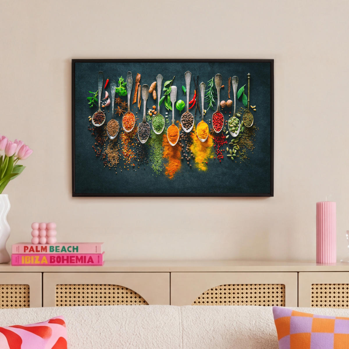 LEINWAND Bilder mit Rahmen - Kräuter - Gewürze - Löffel - 60x40 - Currygelb, Textil (60/40cm) - MuchoWow