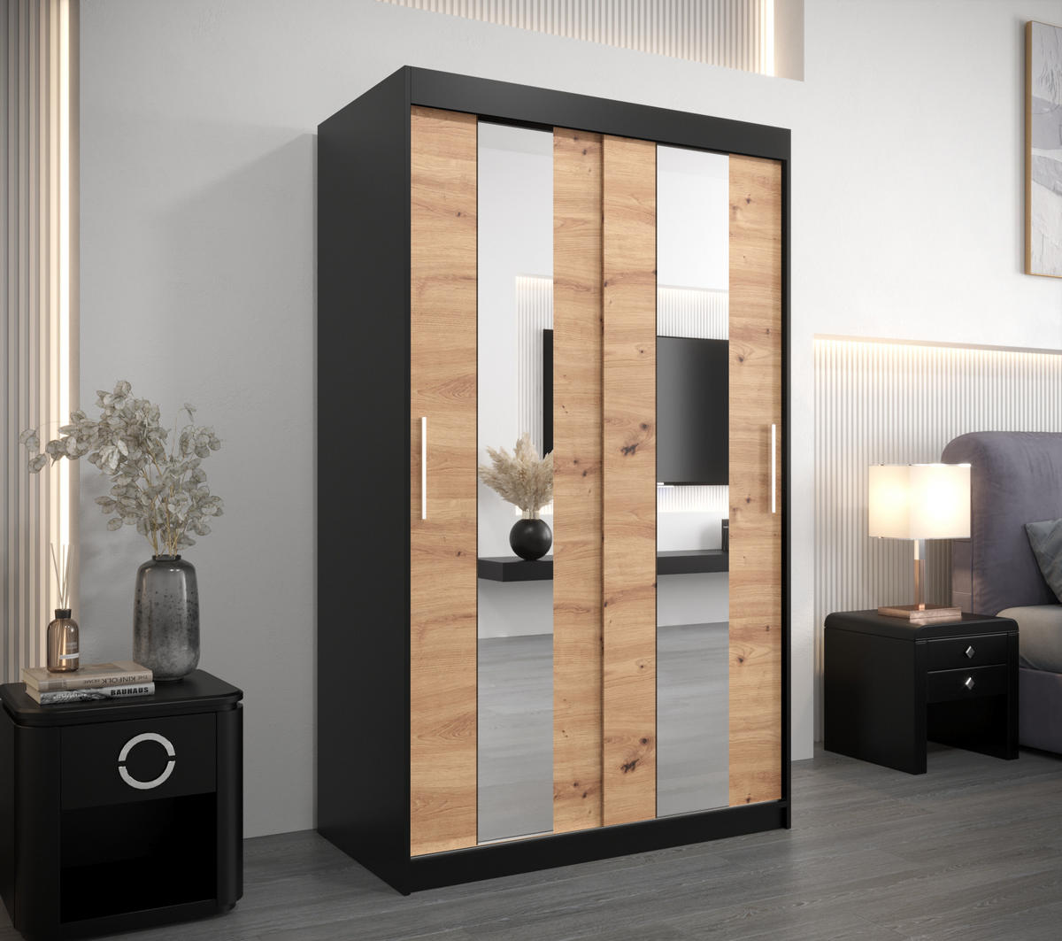 SCHWEBETÜRENSCHRANK 200/120/62 2-türig - Silberfarben/Schwarz, Holz/Kunststoff (120/200/62cm) - Abiks Möbel