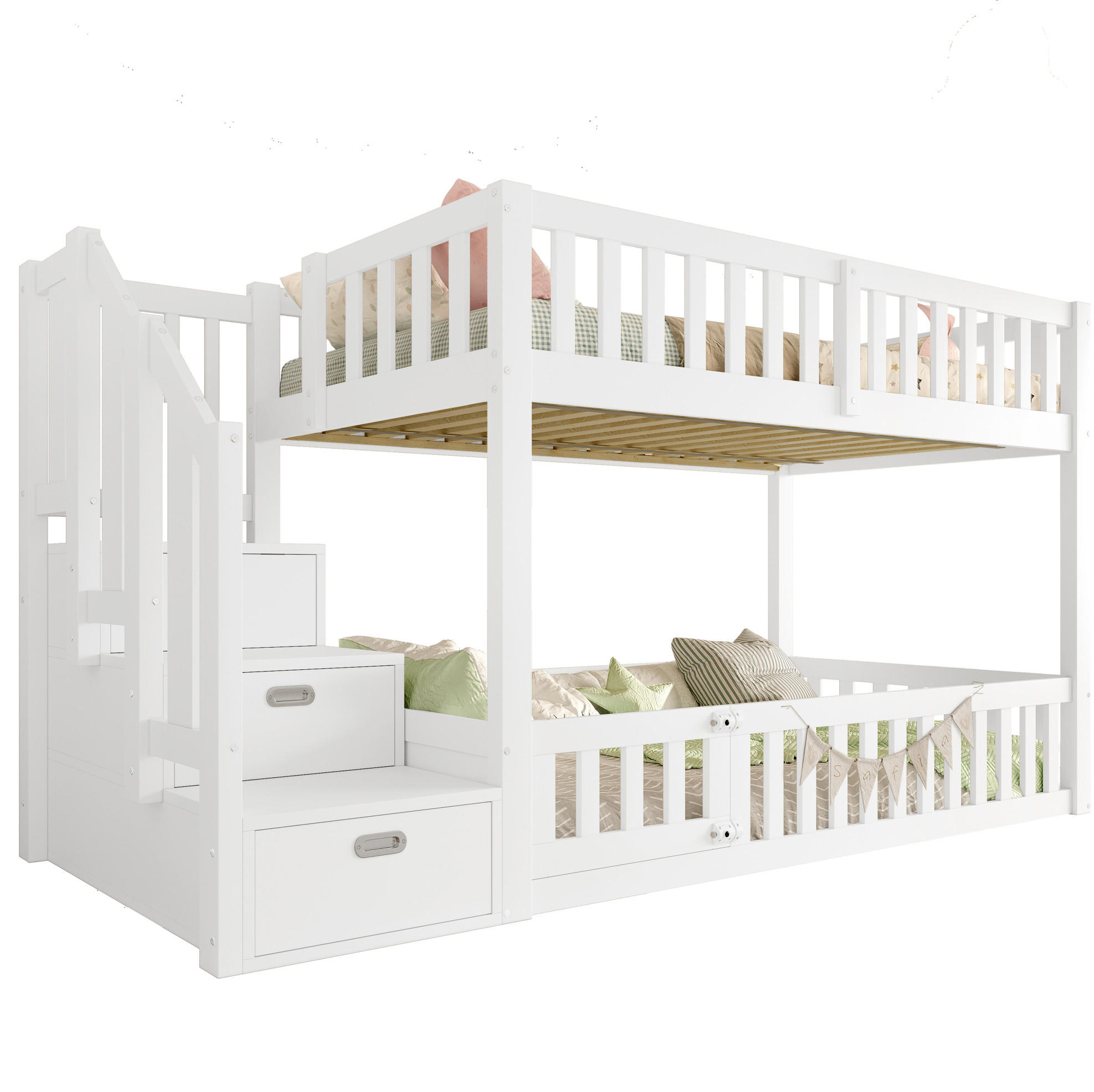 ETAGENBETT 90/200 cm aus Kiefer und MDF mit Leiter, Stauraum und Schutzgitter, Weiß - Weiß, Holzwerkstoff (90/200cm) - Redom