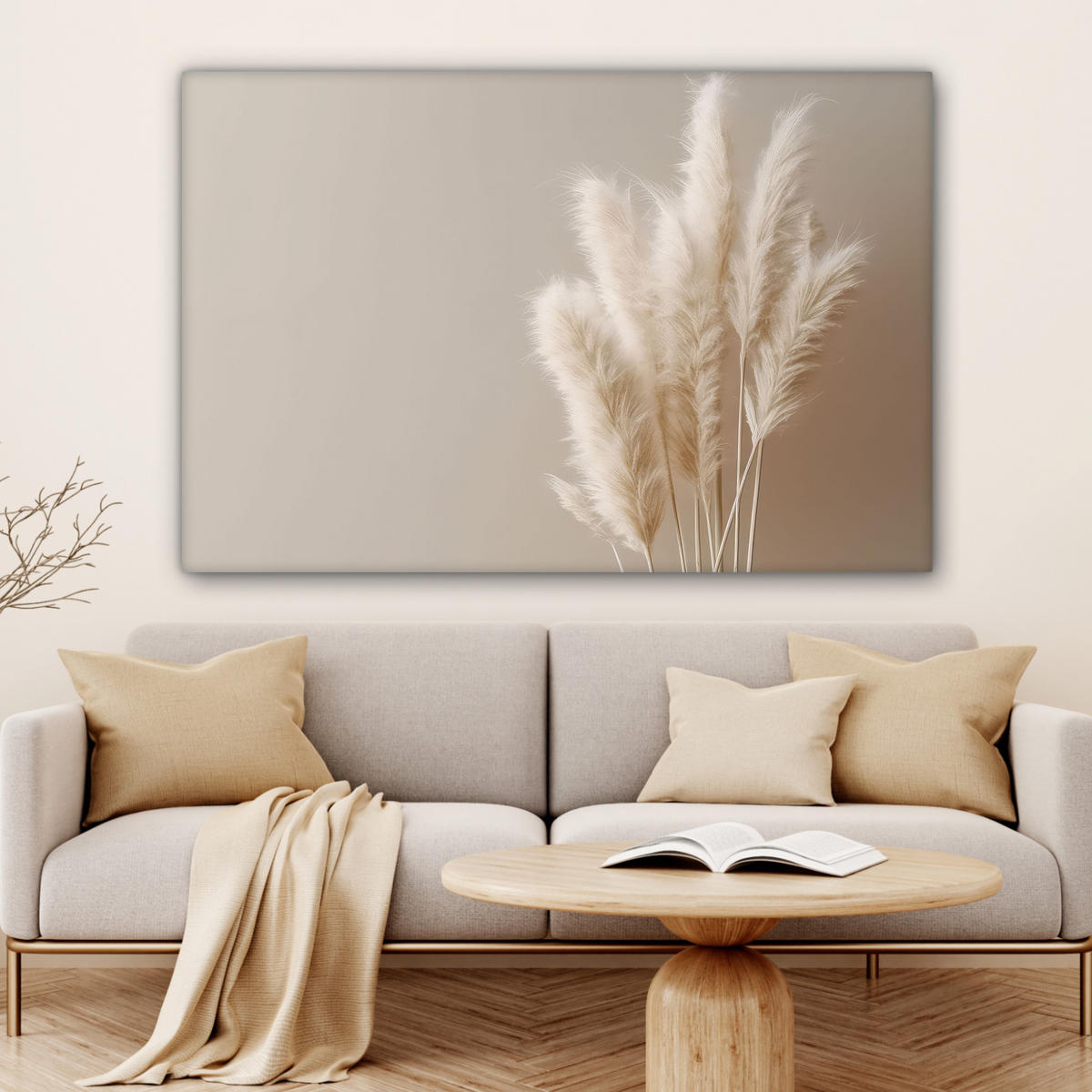 LEINWANDBILD Pampasgras - Federn - Pastell - Weiß Wohnzimmer Groß 120x80 cm - Naturfarben, Textil (120/80cm) - MuchoWow