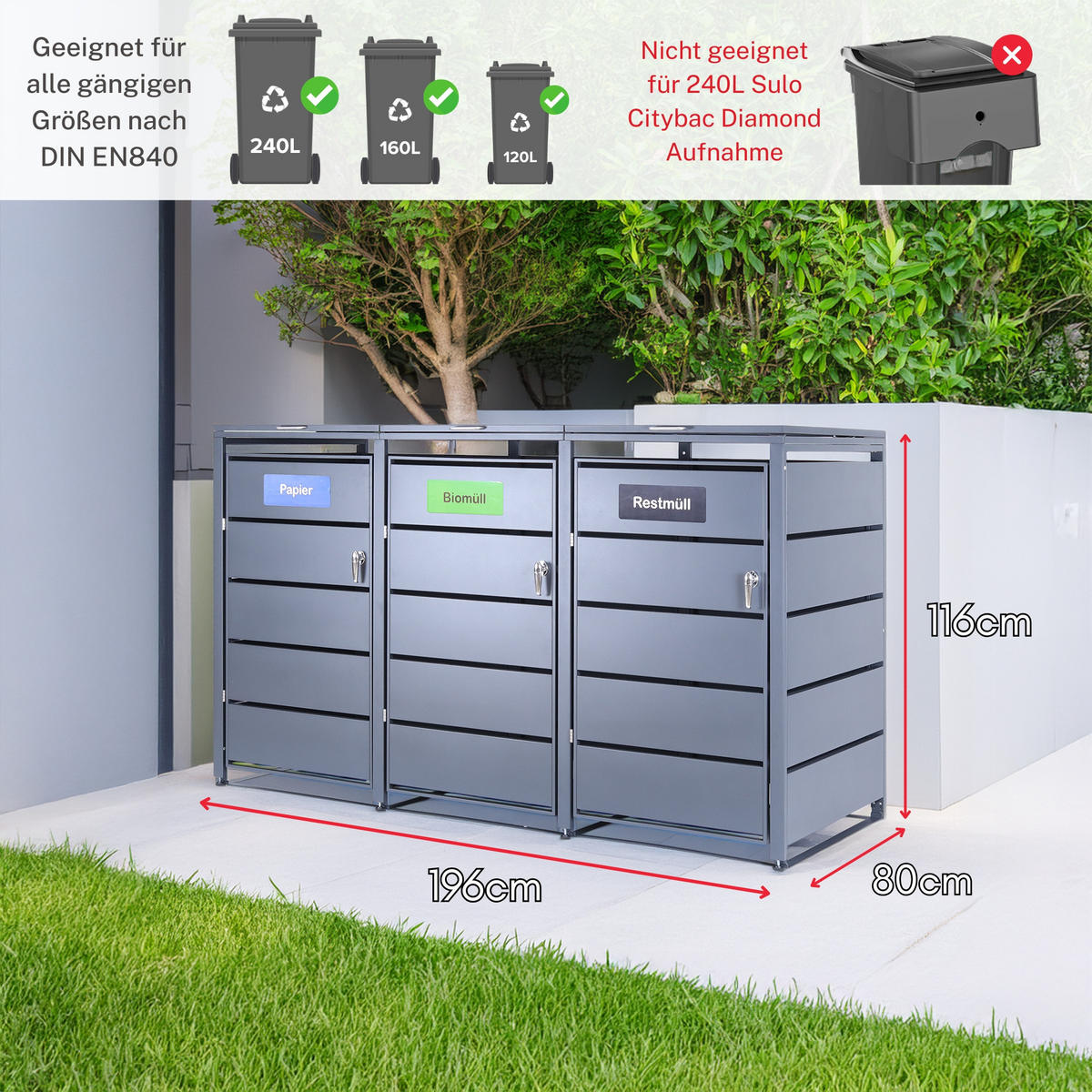 MÜLLTONNENBOX 3er - Anthrazit, Metall (196/116/80cm)