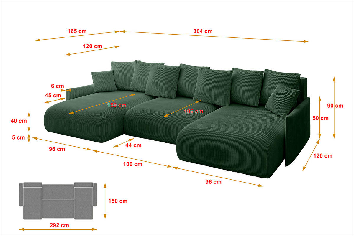 WOHNLANDSCHAFT mit Schlaffunktion und Bettkasten ONESK-U-v1 304x165x40 Grün Cord - Grün, Holzwerkstoff/Kunststoff (304/90/165cm) - ALTDECOR