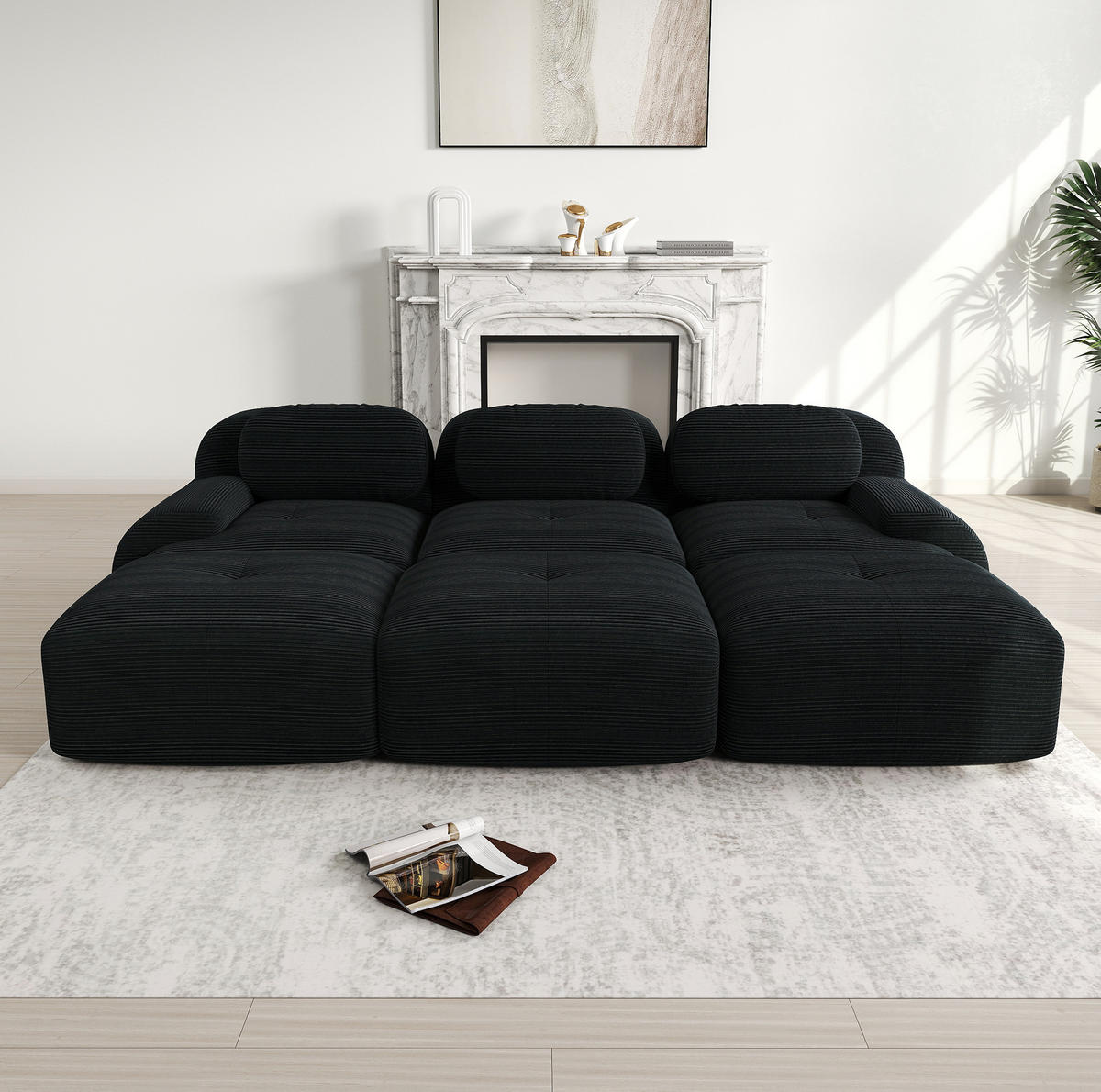 MODULARES Ecksofa aus Cordstoff Schwarz 298x178x70 cm mit Hockern und geschwungenen Armlehnen - Schwarz, Textil (178/298cm) - IVMEU