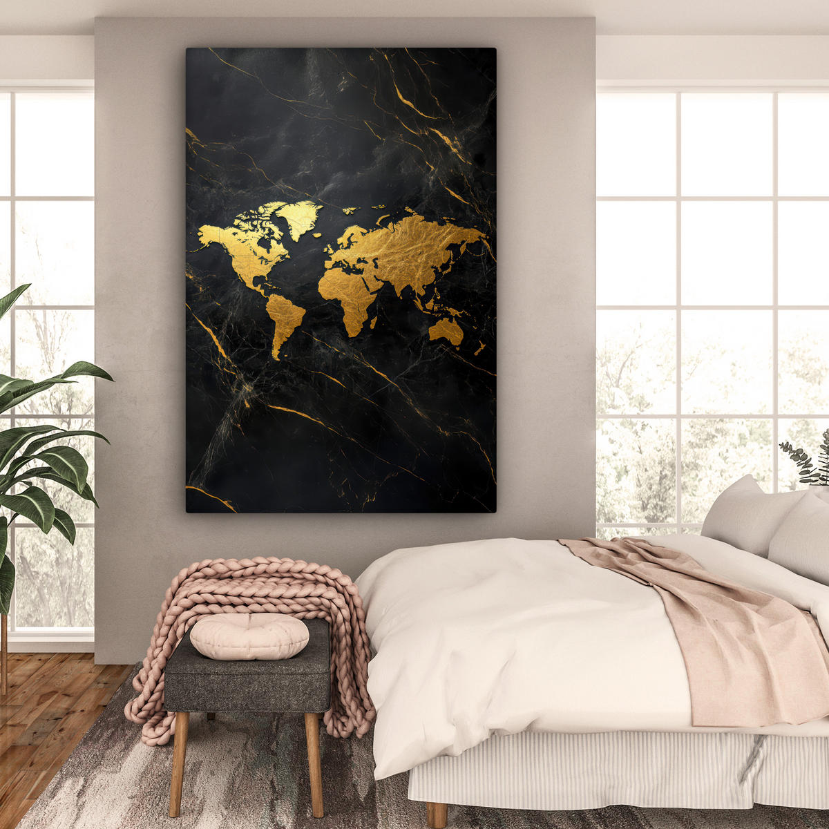 LEINWANDBILD Weltkarte - Gold - Marmor 90x140 cm - Goldfarben, Textil (90/140cm) - MuchoWow