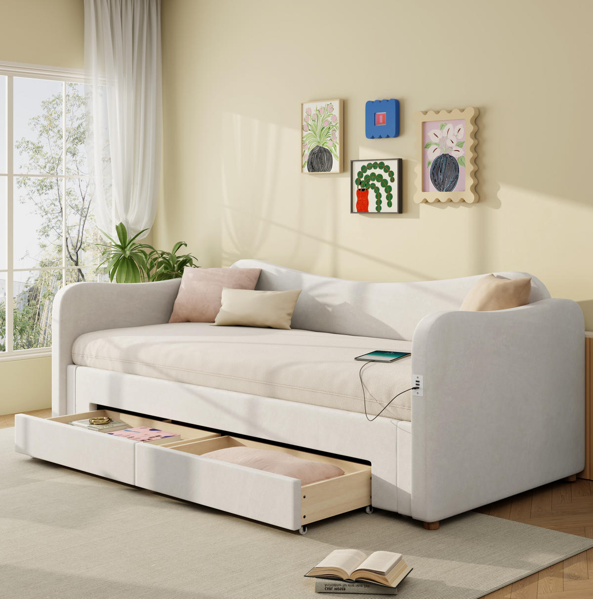 ČALÚNENÁ posteľ z zamatu 90x200 cm béžová s výsuvom na 180 cm, USB a úložnými zásuvkami - béžová, textil (90/200cm) - Modfu