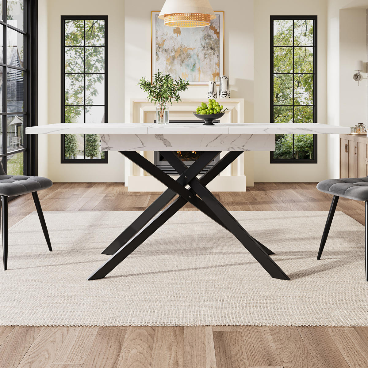 ESSTISCH 120-160x80x77 cm in Weiß und Schwarz aus MDF mit Marmoroptik auf Metall-Kreuzbeinen ausziehbar - Weiß, Holzwerkstoff (160/80/76.5cm) - Modfu