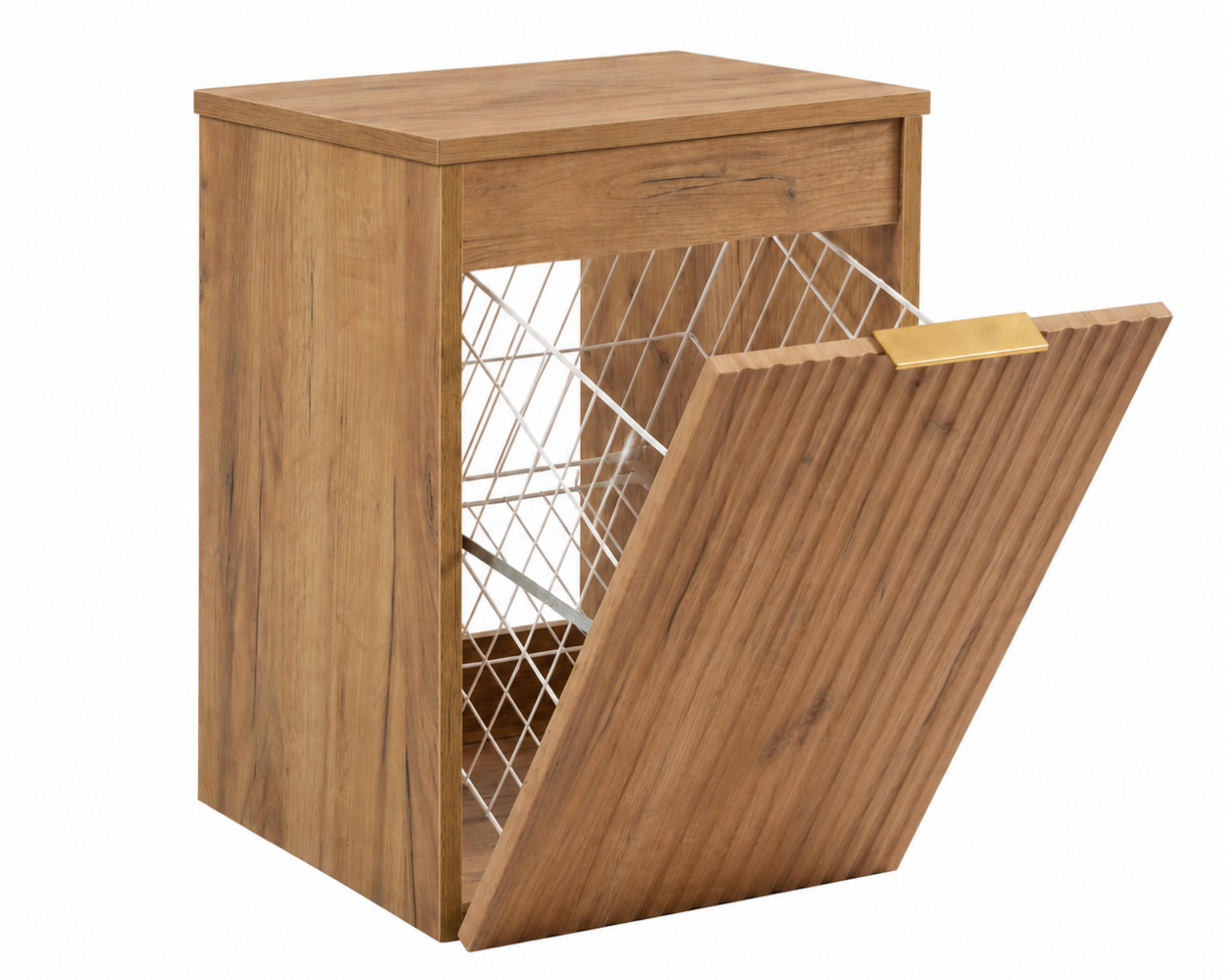 BADEZIMMERSCHRANK MIT WÄSCHEKORB: Craft-Eiche / Platte Craft-Eiche, Griff Gold, 40 x 46 x 58,6 cm - Eichefarben, Holzwerkstoff (40/58.6/46cm) - 3XE LIVING