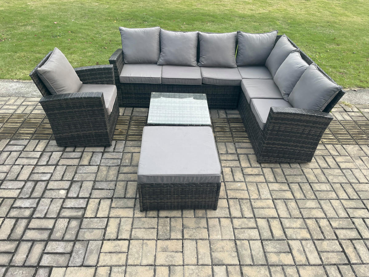 LOUNGEGARNITUR mit Couchtisch Sofa Polyrattan Dunkelgrau 8-Sitzer - Dunkelgrau/Grau, Glas/Kunststoff - Fimous