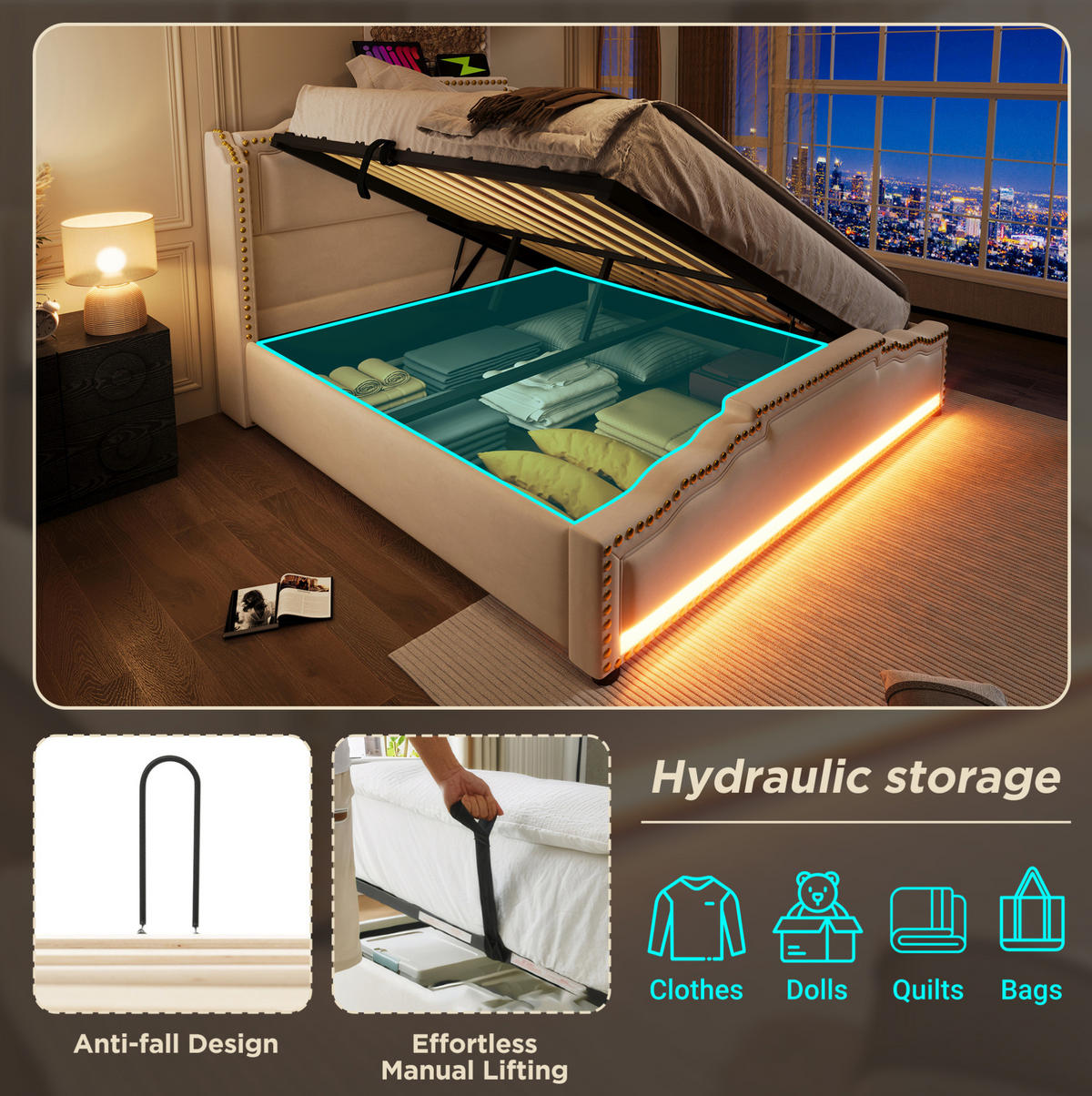 SAMT-POLSTERBETT 140/200 cm mit Bettkasten, LED und USB-C in Beige - Beige, Textil (140/200cm) - BEAOK