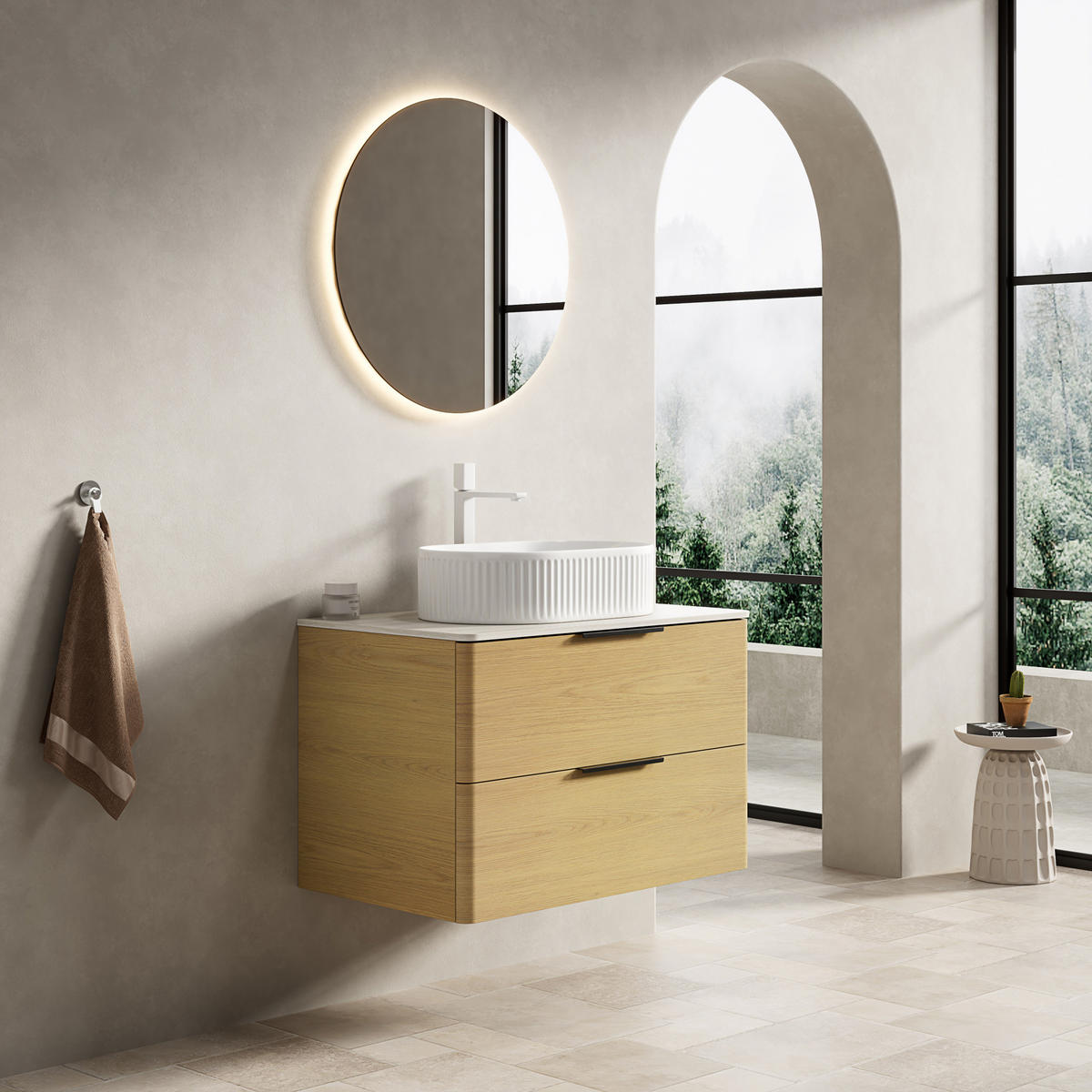 WASCHTISCH mit 2 Schubladen Keramikbecken Sinterstein Beige Oak White - Beige, Holzwerkstoff (46/62.2/75cm) - Beauniv