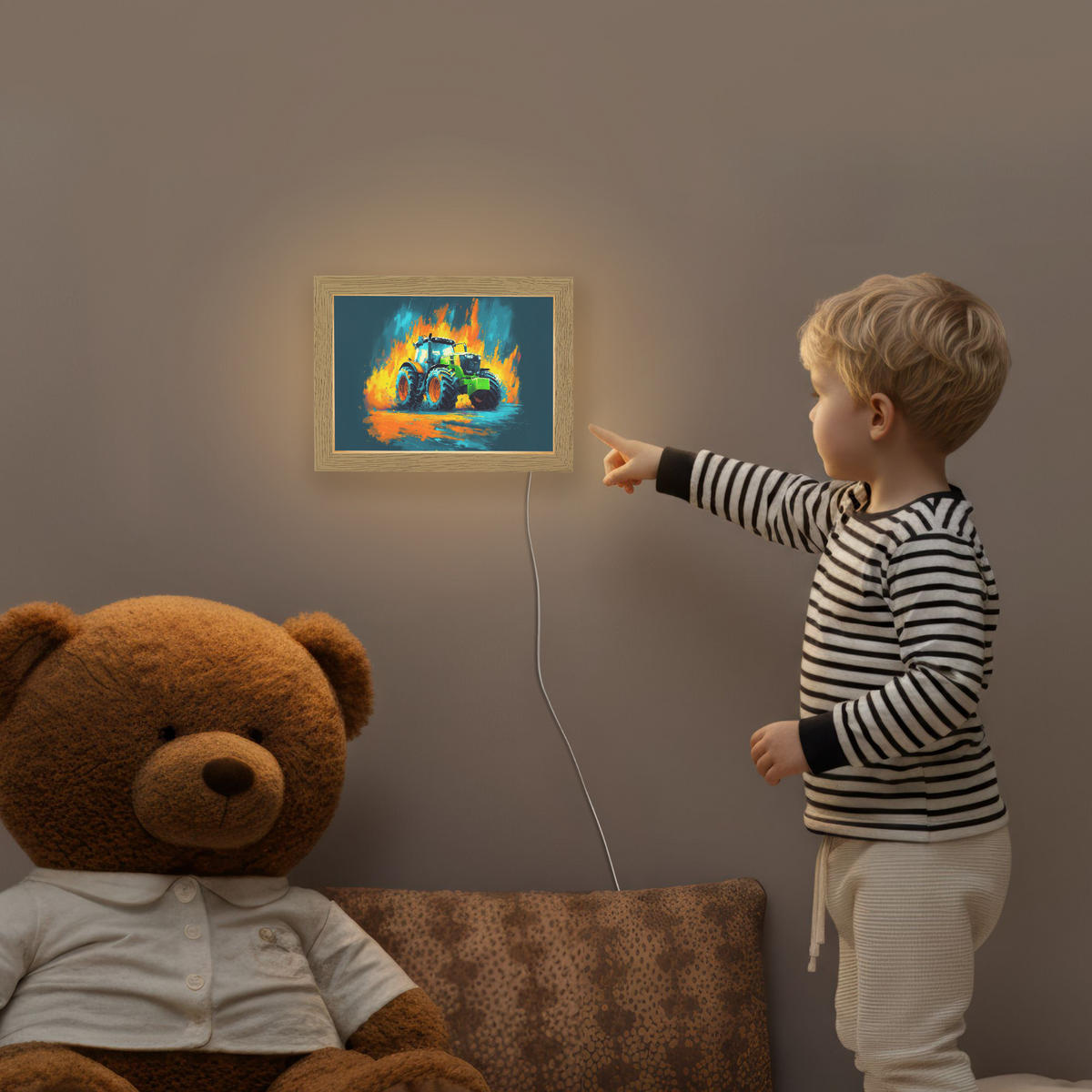 NACHTTISCHLAMPE Abstrakt - Traktor - Grün 20x15 cm - Dunkelblau, Holzwerkstoff (8/20/15cm)