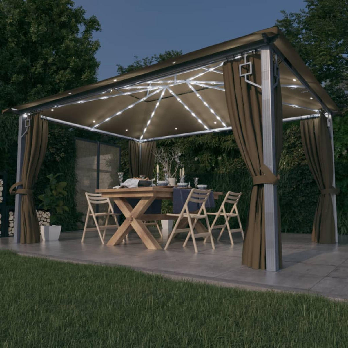 GARTENPAVILLON mit Vorhängen und LED-Lichterkette, 4/3/2,7 m, aus Aluminium, Taupe - Taupe, Textil (400/270/300cm) - vidaXL