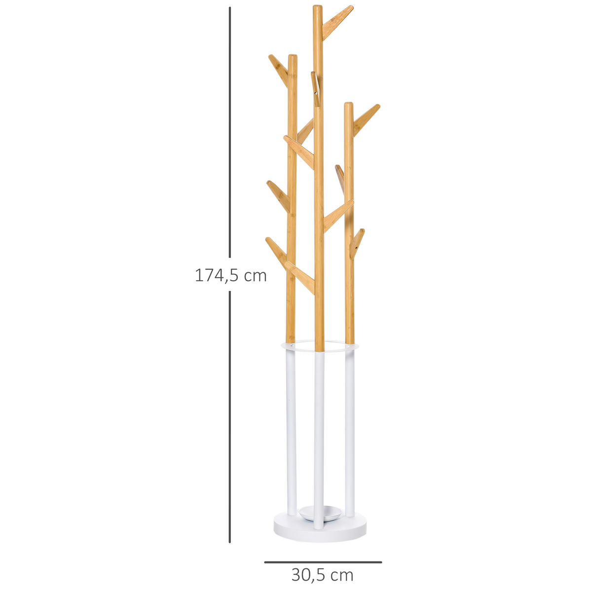 GARDEROBENSTÄNDER mit 12 Haken, Natur+Weiß 30,5 x 30,5 x 174,5 cm - Naturfarben, Naturmaterialien (30.5/174.5/30.5cm) - HOMCOM