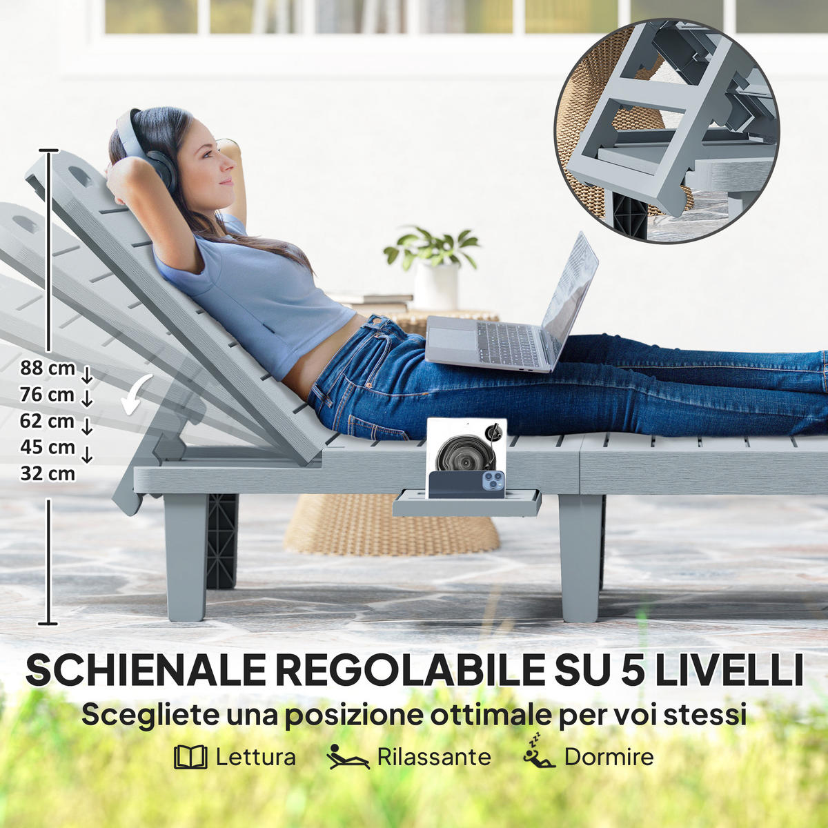 SONNENLIEGE 2er-Set mit verstellbarer Rückenlehne und Ablagen Dunkelgrau 62x158x88 cm - Grau, Kunststoff (62/88/158cm) - Vallsero