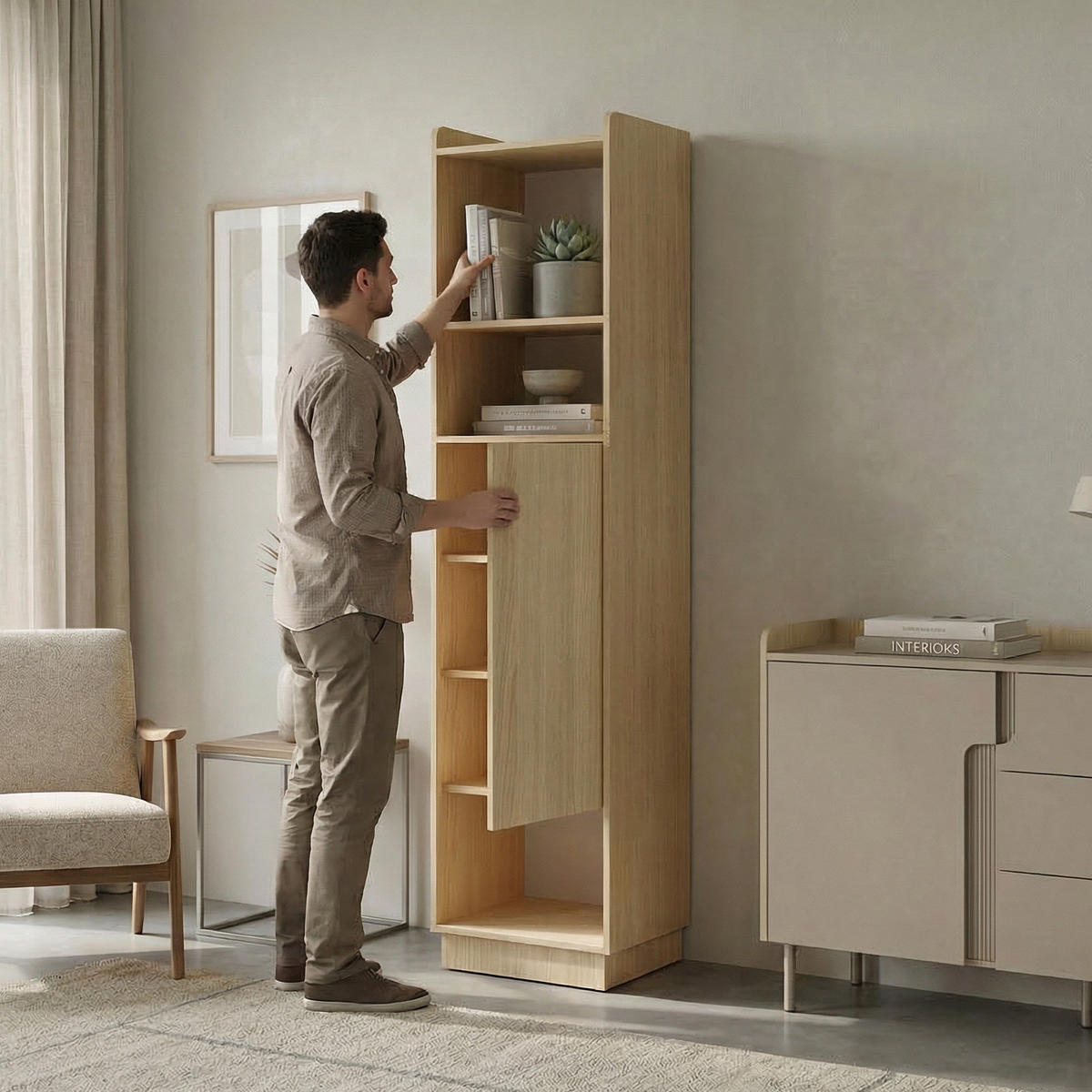 BÜCHERREGAL Positivo mit 1 Tür, 45 cm, Mavelie-Eiche + Macadamia - Eichefarben, Holzwerkstoff (45/195/42cm) - Beautysofa