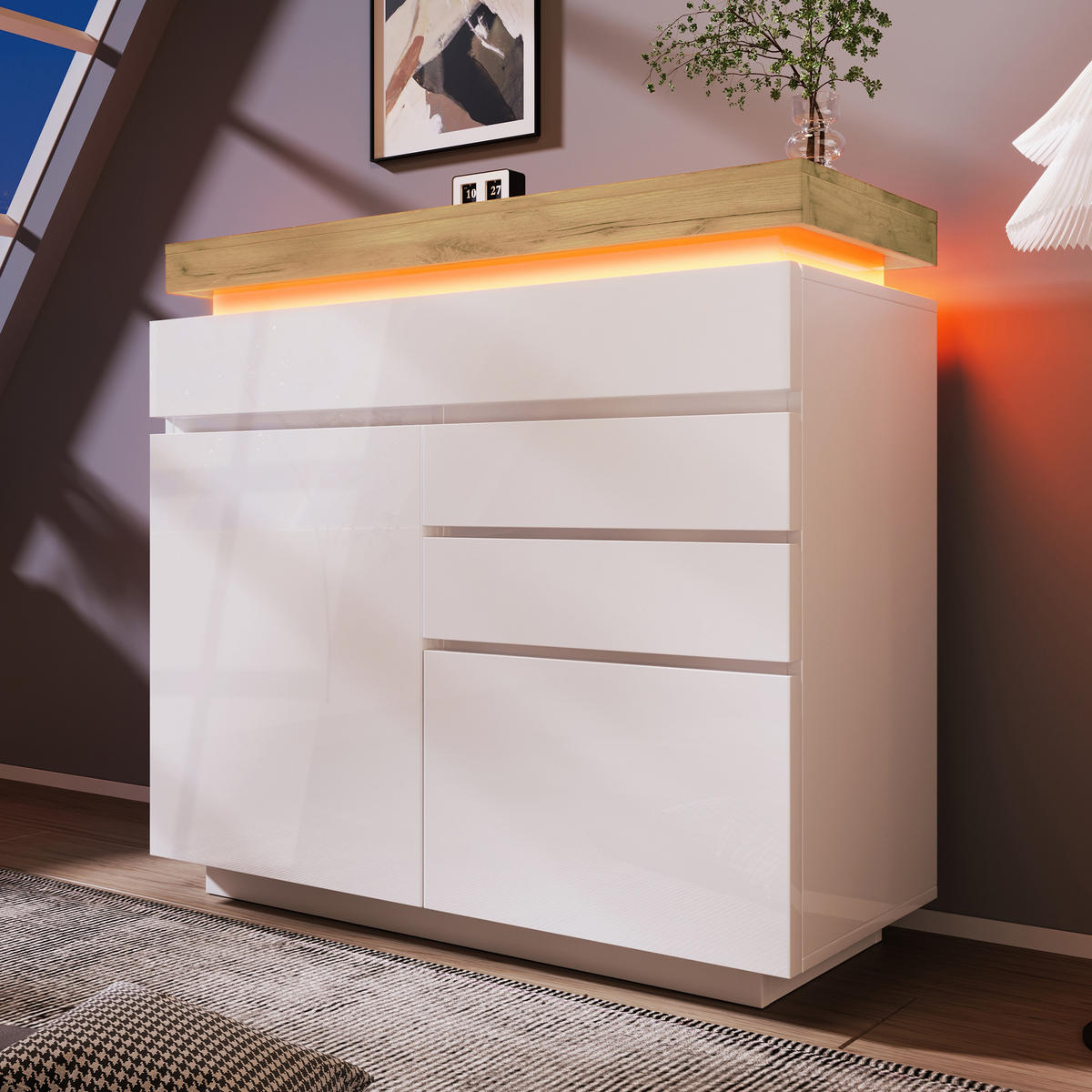 KOMMODE, Hochglanz, 3 Schubladen & 2 Türen, LED-App-Steuerung, 110x39x115 cm, Weiß - Weiß, Holzwerkstoff (39/115/110cm) - Modfu