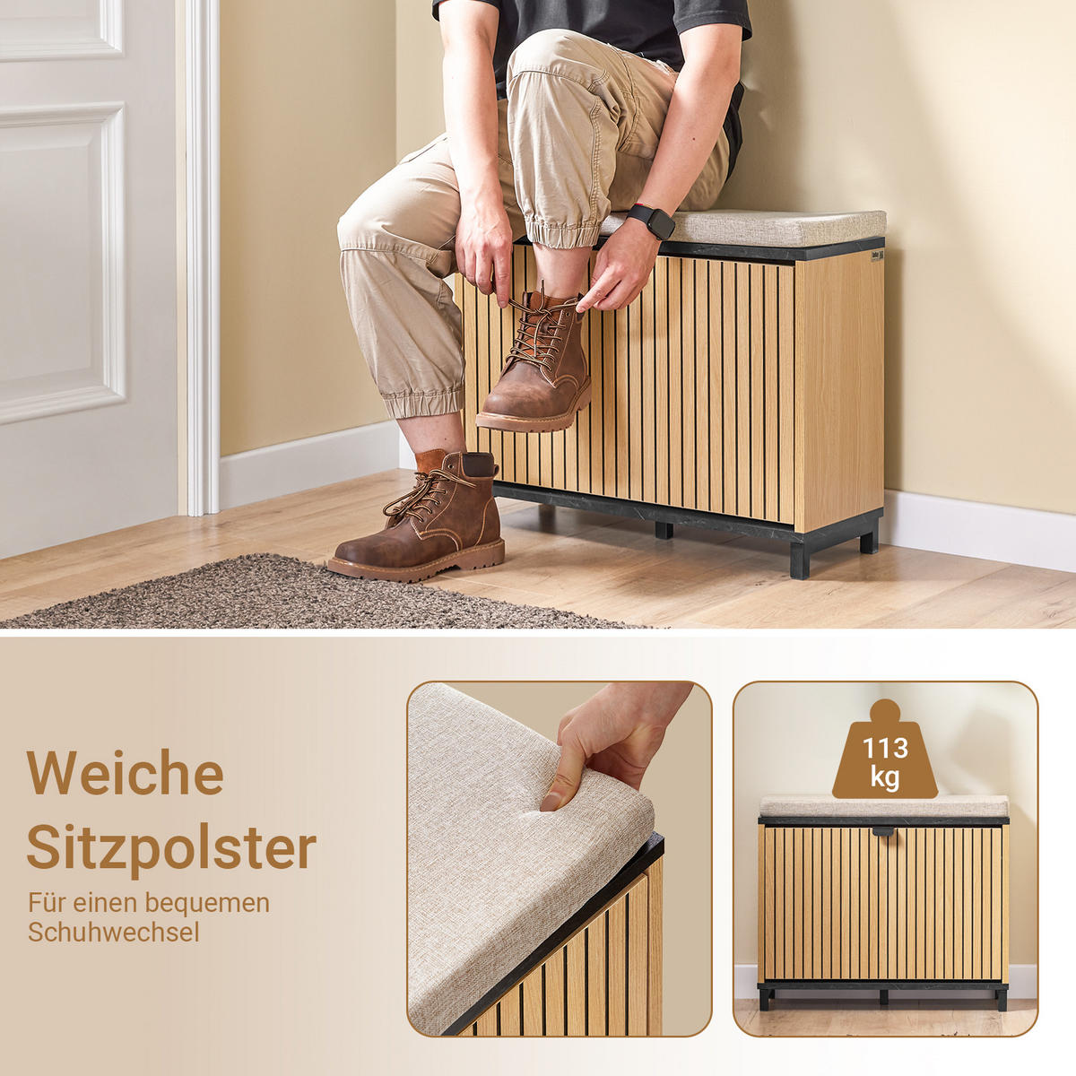 SCHUHBANK Holzoptik & Schwarz mit Marmor - Naturfarben, Holzwerkstoff (60/50/24cm) - SoBuy
