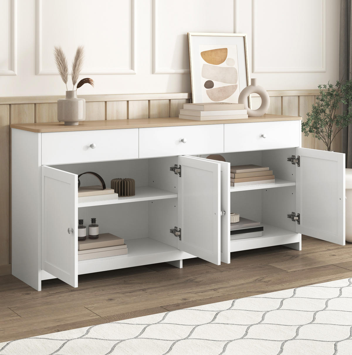 SIDEBOARD aus MDF 160x37x75 cm Weiß und Holzfarbe mit 3 Schubladen und verstellbaren Regalböden - Weiß, Holzwerkstoff (160/75/37cm) - IVMEU