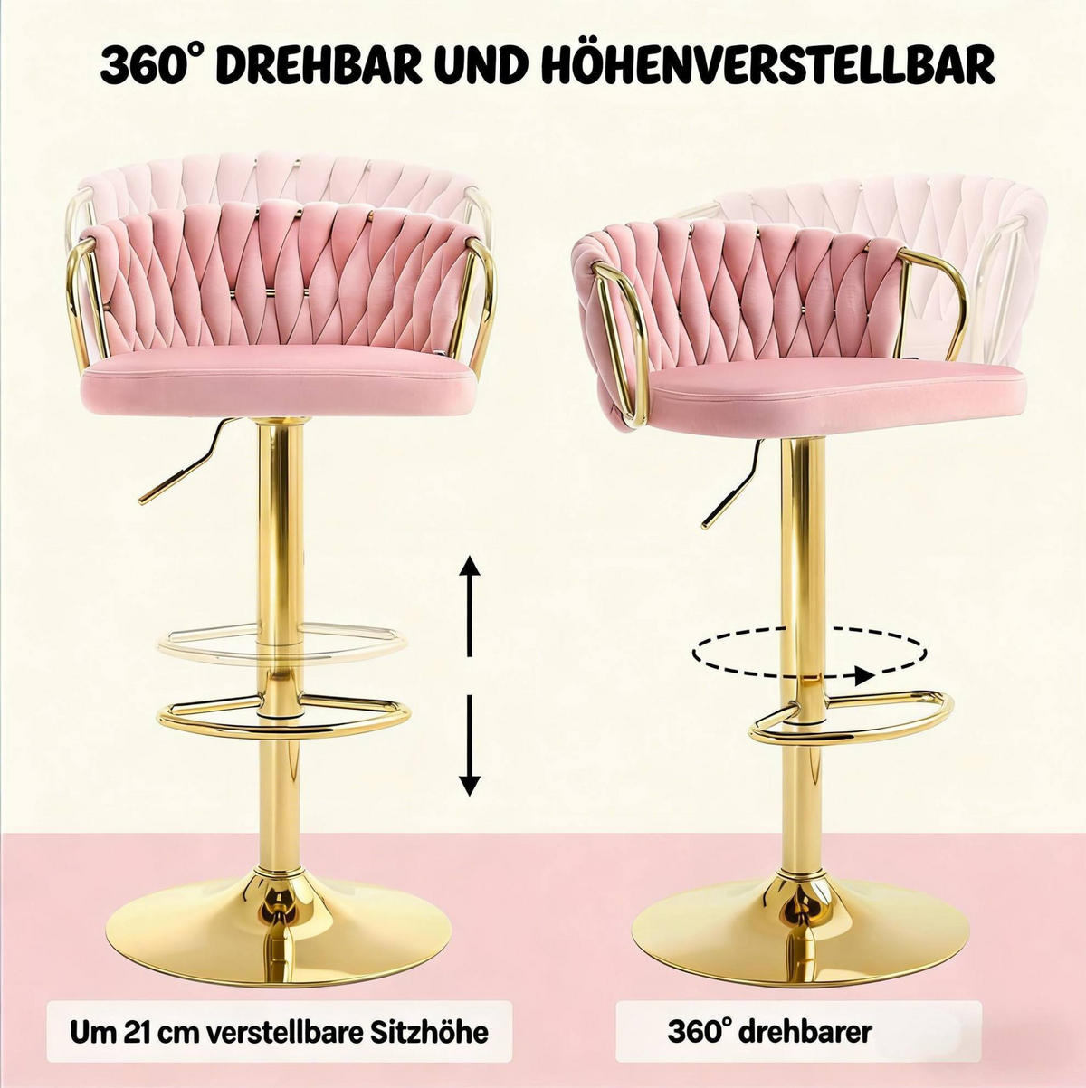 BARHOCKER drehbar höhenverstellbar Samt Pink - Pink, Metall (49.5/98/50.5cm) - Meubliv