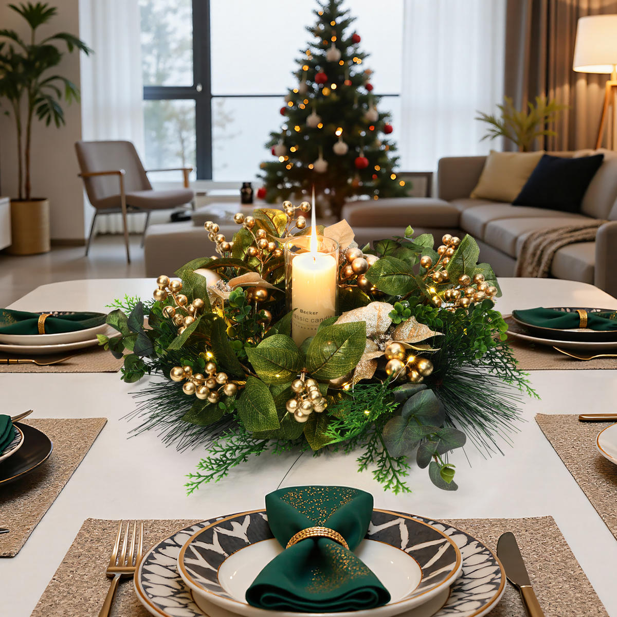 40 cm Weihnachtskranz mit LED&Timer, Goldblüten & Eukalyptus - Grün, Kunststoff (50cm) - Hometopia