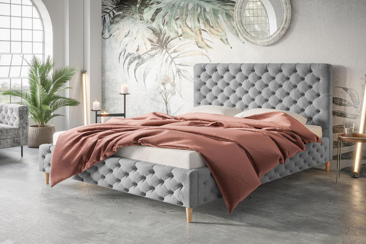 POLSTERBETT LUX Miami mit Kopfteil, 120 x 200 cm, Doppelbett mit Lattenrost aus Holz, Velourstoff Grau, Füße in Farbe: Braun - Grau, Holz/Textil (120/200cm) - Alpi-Möbel