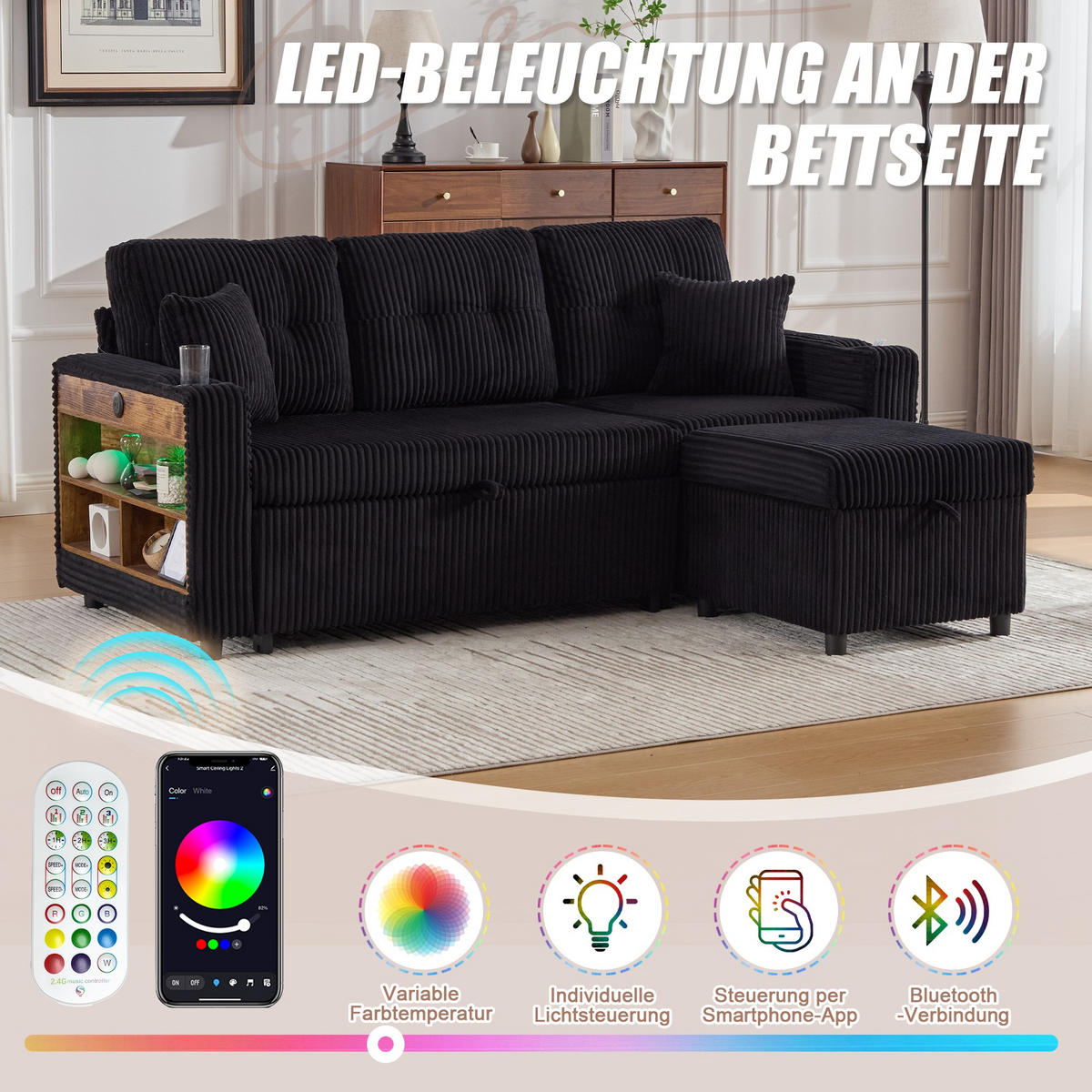 SCHLAFSOFA 3-er Sofa mit Schlaffunktion,Aufbewahrungshocker,Cord,Schwarz - Schwarz, Textil (196/85/119cm) - LVHOM