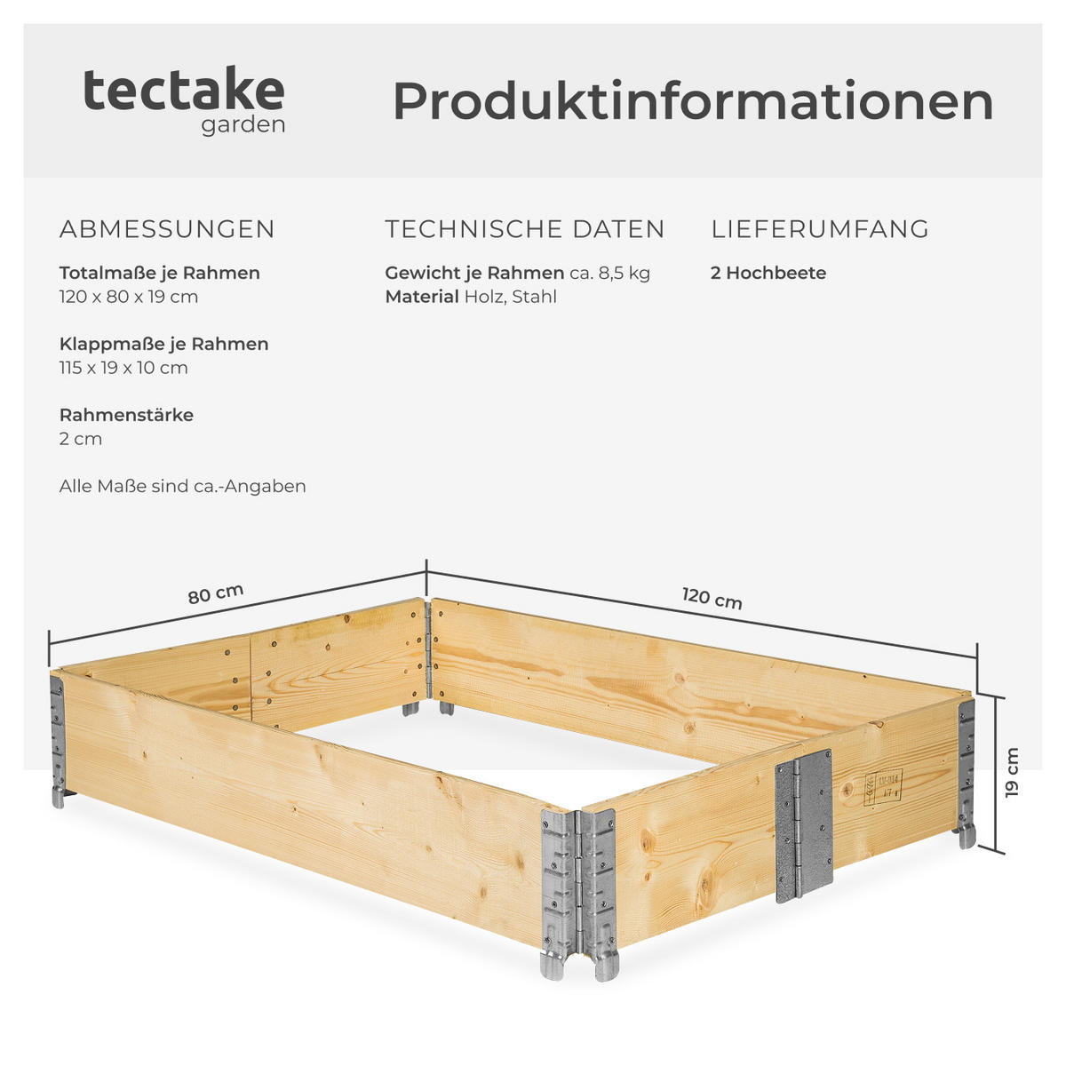 HOCHBEET 2er Set, 120 x 80 x 19 cm, holzdekor - Eiche Artisan, Holz (80/19/120cm) - tectake