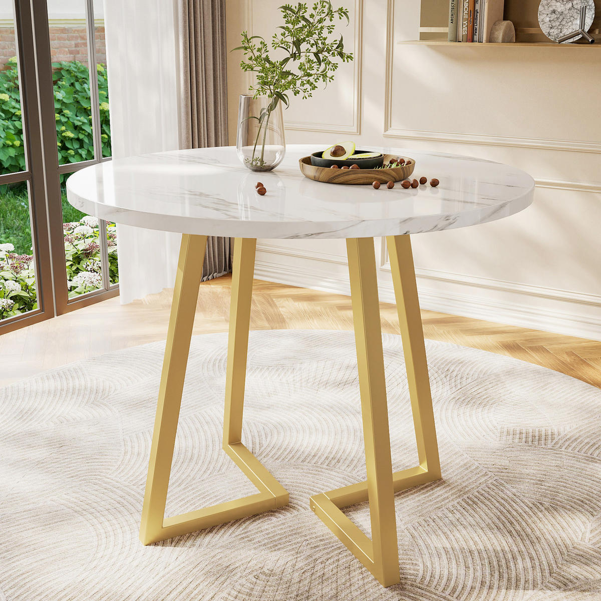 ESSTISCH 80x80x75 cm in Weiß aus MDF mit Marmormuster auf stabilem Metallgestell - Goldfarben, Holzwerkstoff (80/80/75cm) - Modfu