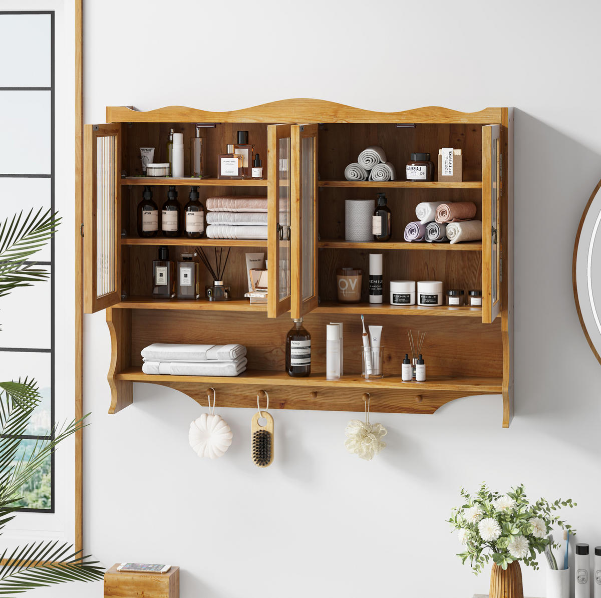 KÜCHENOBERSCHRANK 100x20x80 cm Naturfarben aus Massivholz & Glas mit 4 Türen & Haken - Naturfarben, Holz (100/80/20cm) - Modfu
