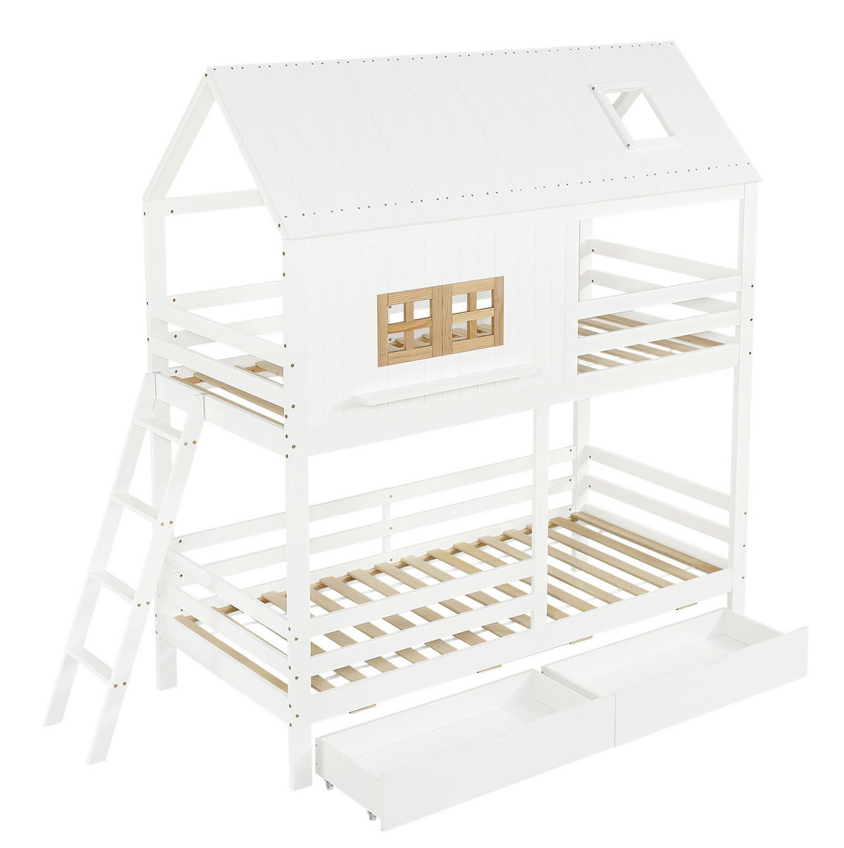 ETAGENBETT 90/200 cm weiß und natur aus Kiefer mit Fenster und Dach - Weiß, Holz (90/200cm) - OKWISH