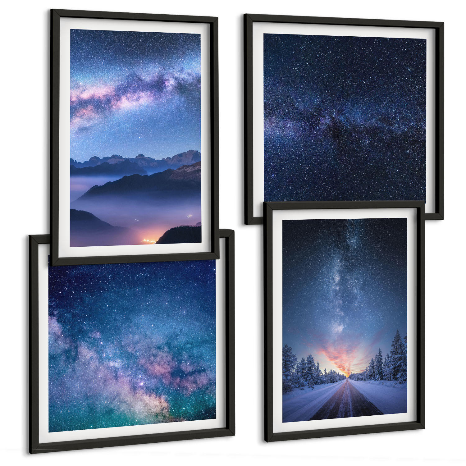 BILDER SET 4er Set - 50x50 cm & 40x60 cm Schwarzer Rahmen - Nachthimmel, Berge, Winter, Weltraum - Schwarz, Kunststoff (50/50cm) - TULUP