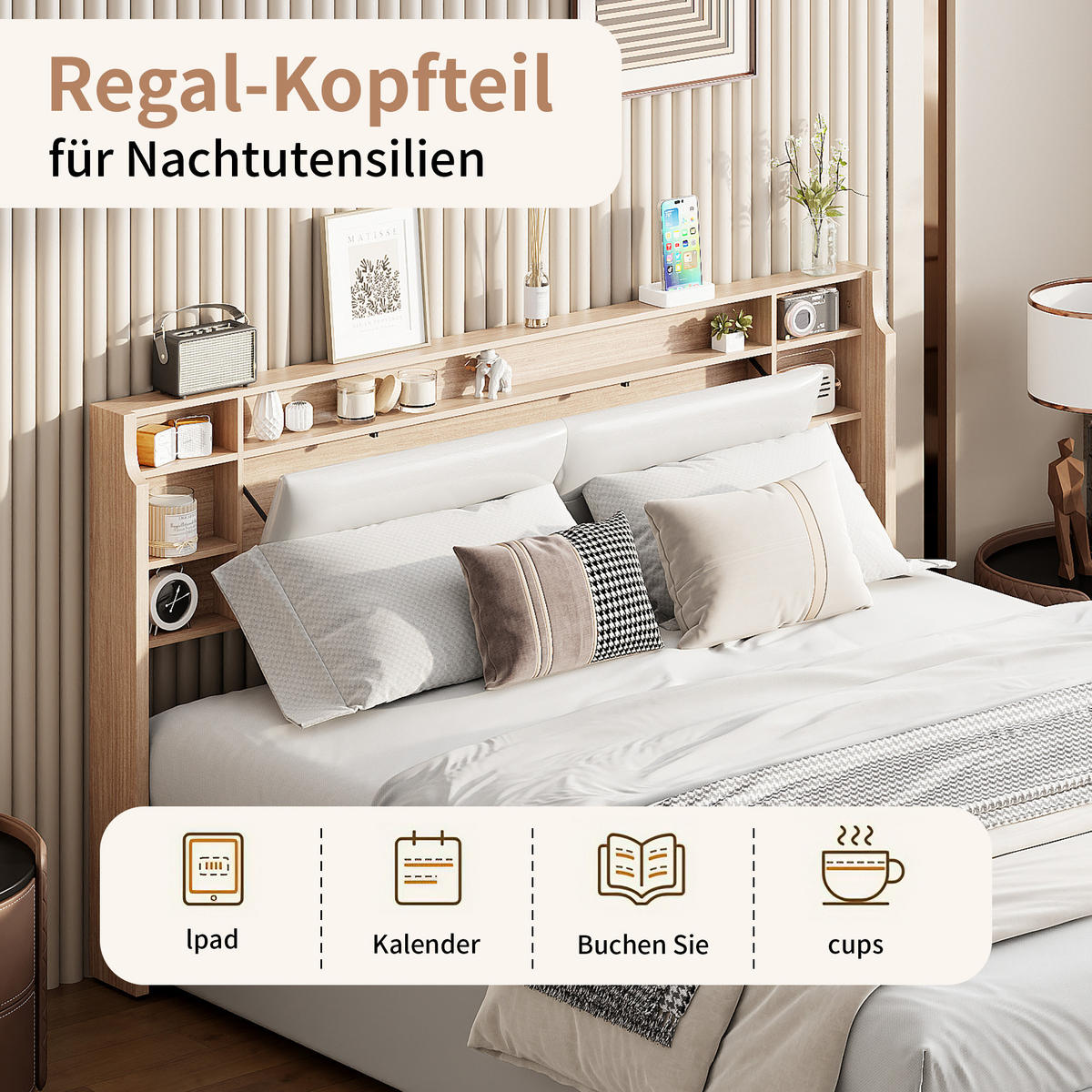 POLSTERBETT 140x200 cm mit Bettkasten, Kopfteil-Stauraum und Hydraulikfunktion, Weiß - Weiß, Holz (140/200cm)
