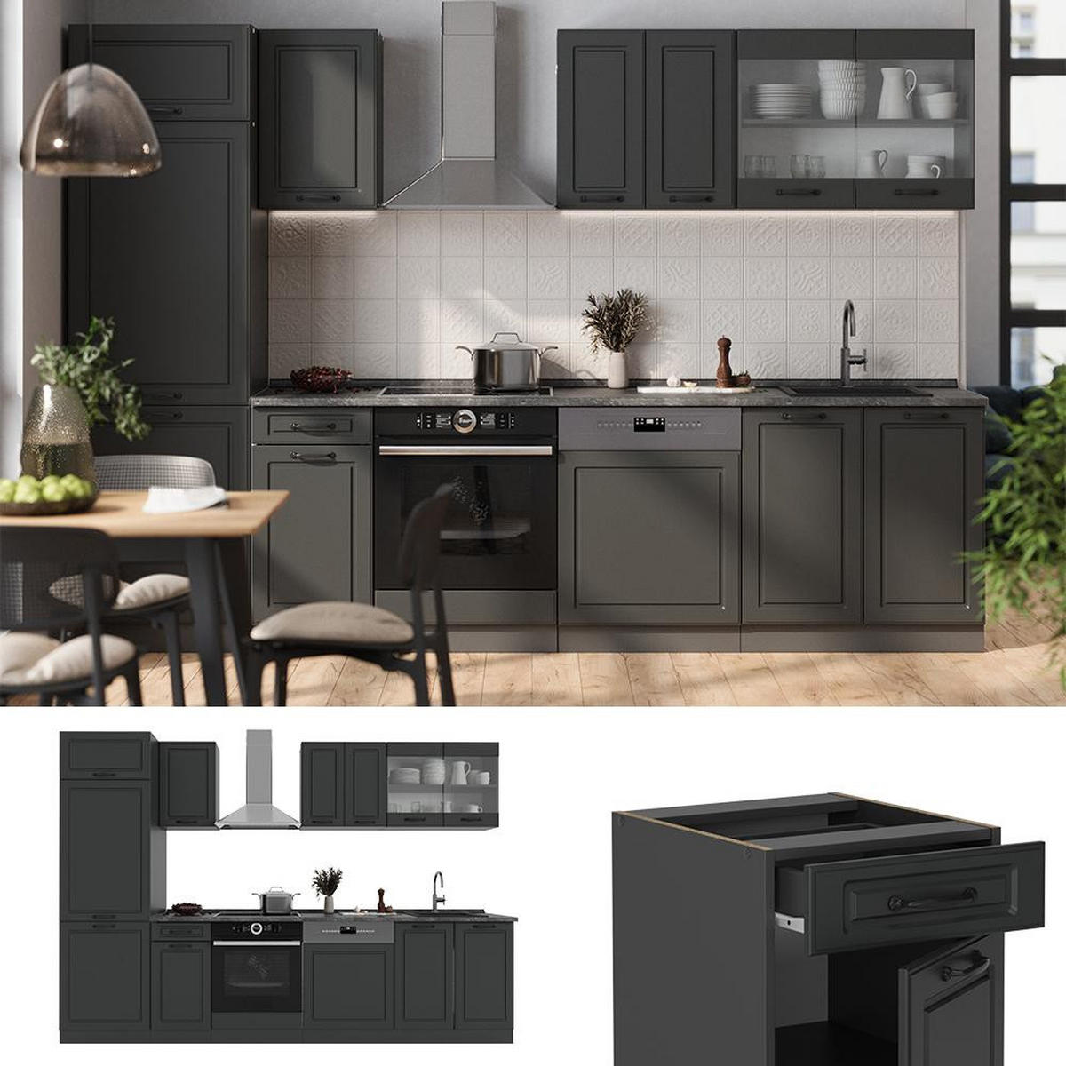 KITCHENETTE R-Line Casă de țară antracit/antracit 300 cm , AP Marmură - antracit, compozit lemnos (300/206.8/60cm) - Vicco