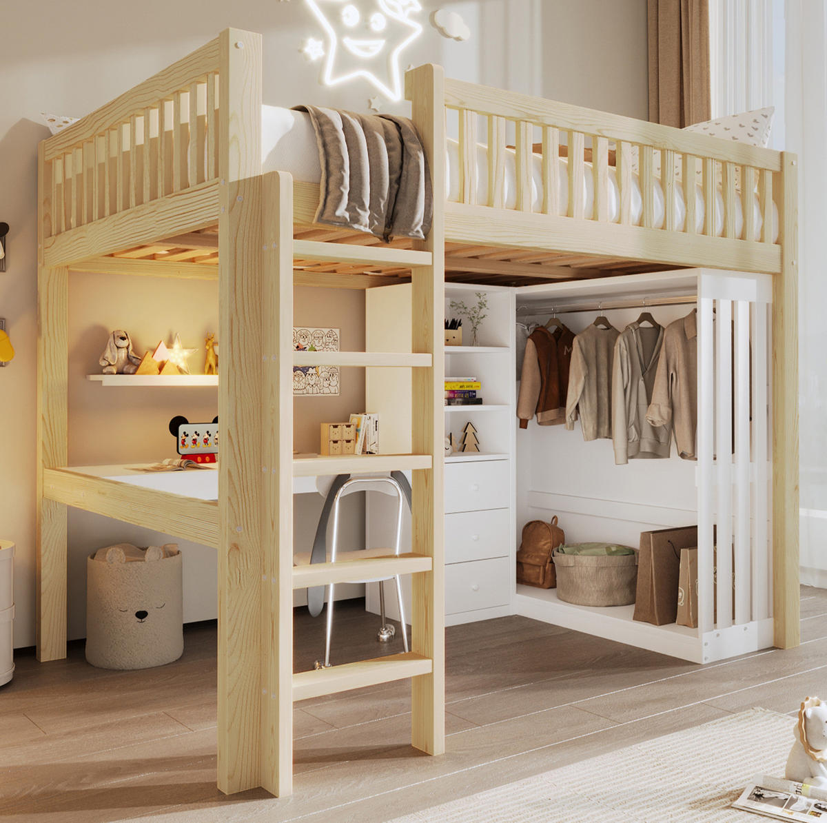 HOCHBETT mit Schreibtisch 140/200 cm in Natur – mit Kleiderschrank, Treppe und Stauraum - Naturfarben, Holz (140/200cm) - BEAOK