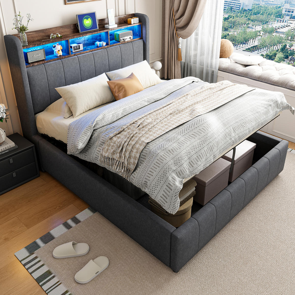 POLSTERBETT 140/200 cm mit Bettkasten, LED-Beleuchtung und USB in Grau - Grau, Textil (140/200cm) - BEAOK