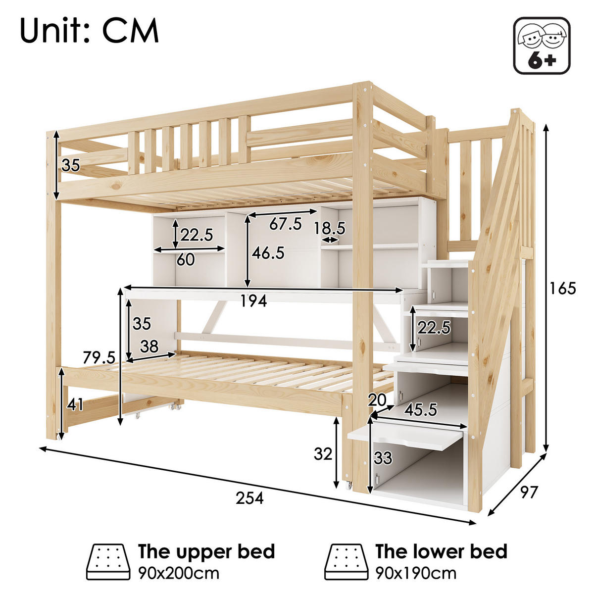 ETAGENBETT 90x200/90x190 cm in Weiß und Eichefarben mit Ausziehbett und Schreibtisch - Eichefarben, Holz (90/200cm) - IVMEU