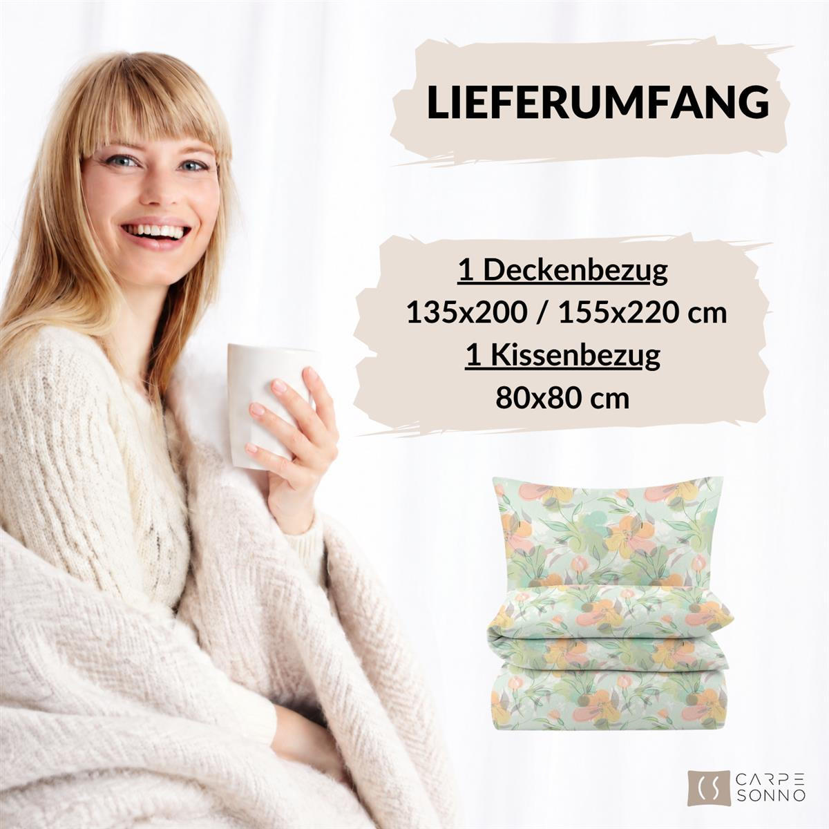 BIBER-BETTWÄSCHE 155x220 - Kuschelig warmer Flanell Bettbezug aus 100% Baumwolle für Herbst & Winter - Bunte Blumen - Grün, Textil (155/220cm) - Carpe Sonno