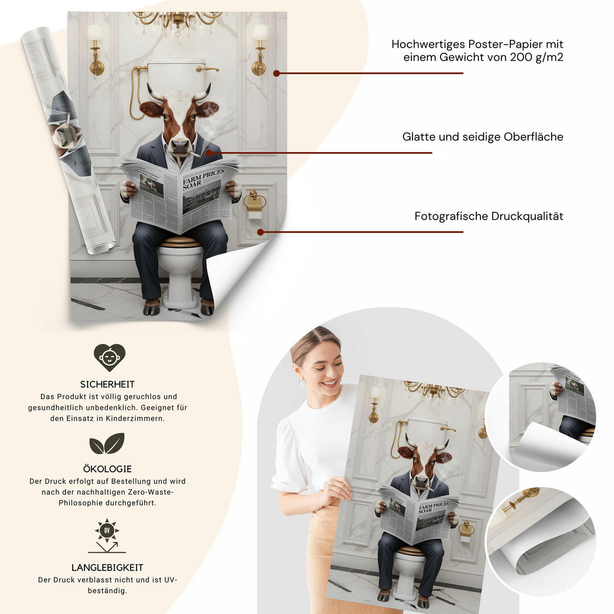 POSTER für WC Badezimmer KUH Bulle mit Zeitung auf Toilette Abstraktion 50x70cm - Gelb/Schwarz, Papier (50/70/70cm) - Muralo