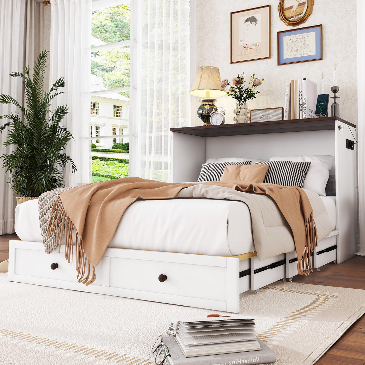 SCHRANKBETT 140x200cm Weiß mit Schubladen und Regal USB Steckdose - Weiß, Holz (140/200cm) - FLIEKS