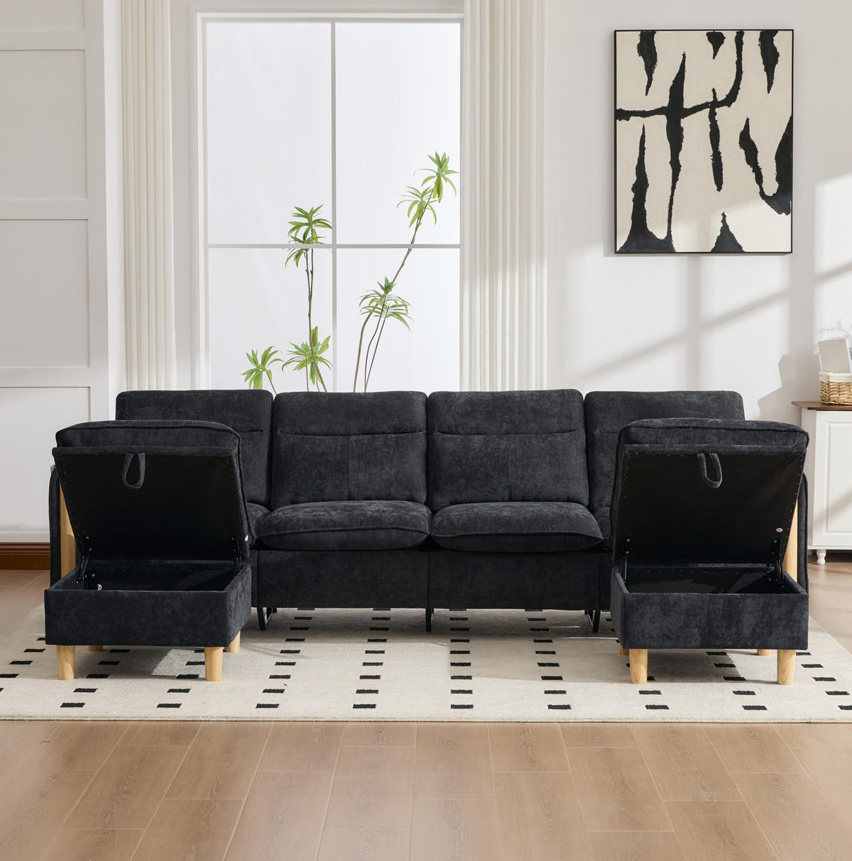 SOFA modular mit 2 Hockern und Stauraum 261 cm Chenille Schwarz - Schwarz, Holz (77/86/261cm) - Meubliv