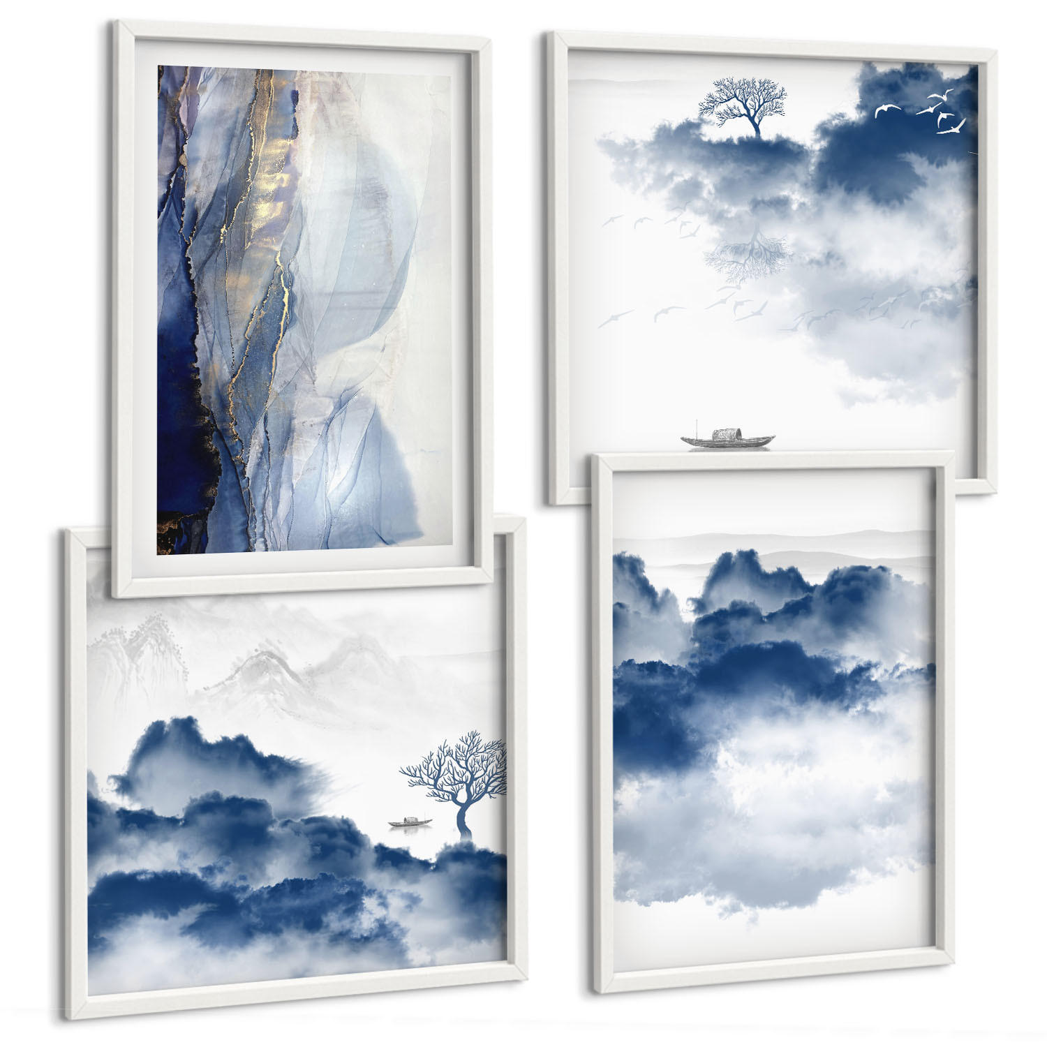 BILDER SET 4er Set - 50x50 cm & 40x60 cm Weißer Rahmen - Berge, Wolken, Bäume, Vögel im Hintergrund - Weiß, Kunststoff (50/50cm) - TULUP