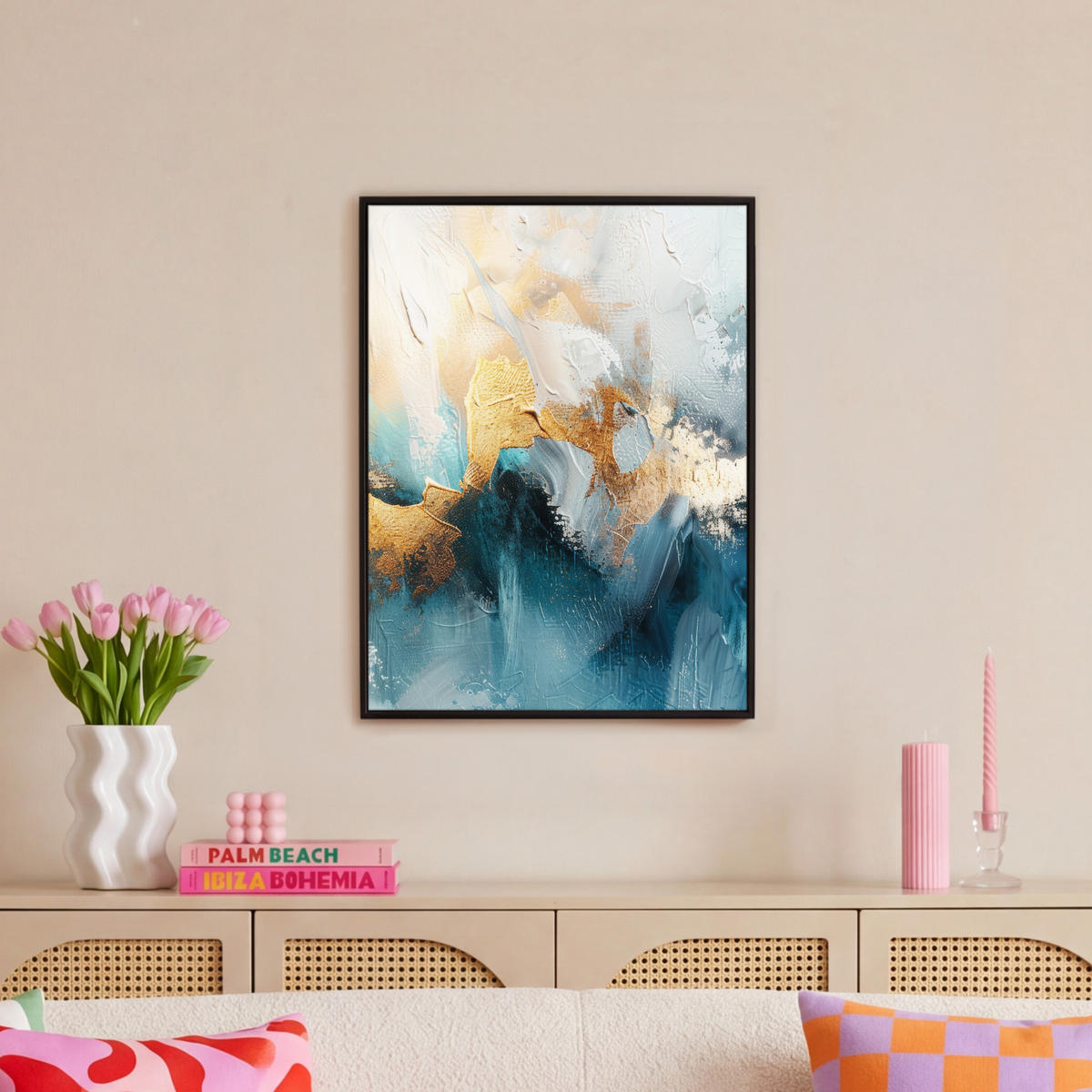 LEINWAND Bilder mit Rahmen - Abstrakt - Kunst - Gold - Blau - 60x80 - Petrol, Textil (60/80cm) - MuchoWow